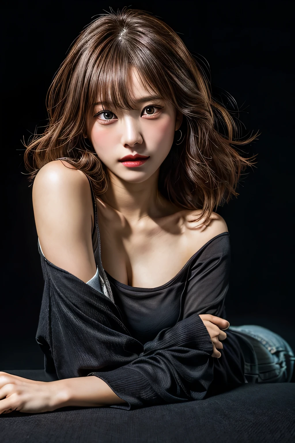 highest quality, Tabletop, 超A high resolution, (Realistic:1.4), RAW Photos, One Girl, Off the shoulder, In the Dark, Deep Shadow, Low Key, Cold Light, Detailed skin