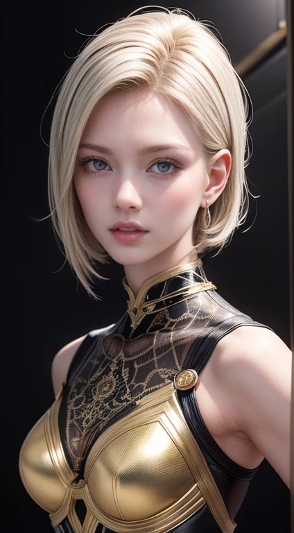 (masterpiece, RAW, 32K, UHD, hyper realistic, best quality), Best Quality, high resolution, and18 (Beautiful face), 1girl in, Android 18, Solo, Blonde hair, Blue eyes, Short hair, earrings, Jewelry, wearing a formal black dress with metal parts, red eyes, monograms in the background, digital painting, dark colors, 8k, complex details, vintage, retro futuristic style, sharp focus on the center, pastel colors, art station, (sci-fi, future, future theme), (facial expression looking with disdain), (detailed illustration), Portrait photo of android of woman in the middle of 20s Japan made of white and silver clear glass and plastic, geisha make up, Black hairstyle, Silver and gold metal internal body mechanism, Dynamic Pose, Flow organic structure, Detailed engraving, Lacework Design, A sparkling golden circuit, Colorful neon trim, Detailed enbest quality, masterpiece, (realistic:1.2), 1 girl, random hair color, random vampire eyes color, bright skin, beautiful skin, red color lip, Front, detailed face, beautiful eyes, wear golden black mechanical Superman suit, Transparent, Sexy, best quality, masterpiece, (realistic:1.2), 1 girl, detailed face, beautiful eyes, [(Transparent background:1.5)::5], (((masterpiece))), (((best quality))),(((extremely detailed))), illustration, 1girl, solo, mysterious, multi-color eyes, detailed eyes, hyper detailed, light smile, highly detailed, beautiful, small details, ultra detailed, best quality, intricate, 4k, 8k, trending on art station, good anatomy, beautiful lighting,graving, Lacework Design, Light emitting circuit, neon trim, Art by H.r. giger, Greg Rutowski, Cowboy Shot, (Externally expanded Chest: 1.2)