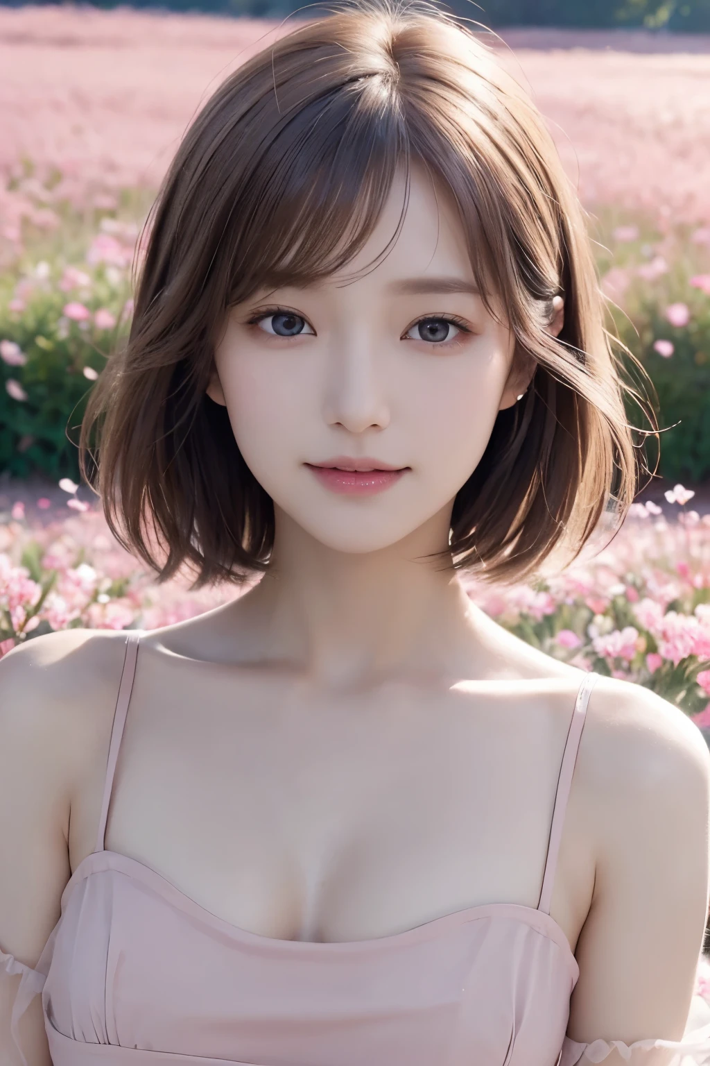 Ultra-high resolution、(Real:1.4)、One beautiful woman、Beautifully detailed eyes and skin、Light brown short hair、A Little Smile、Small Bust、plain dress、A field of pink flowers、Soft spring sunshine、Dramatic composition、