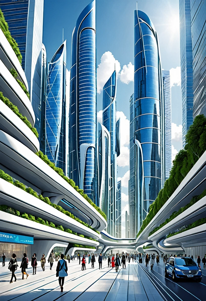The image depicts a futuristic cityscape, characterized by towering skyscrapers with sleek, modern designs. The buildings are predominantly white and blue, with a few green accents, suggesting a focus on sustainability or eco-friendliness. The architecture is highly stylized, with curved and angular forms that give the city a dynamic and advanced appearance.
The city is bustling with activity, as evidenced by the numerous pedestrians walking on the sidewalks and the traffic on the streets. The people are dressed in contemporary clothing, and the vehicles are sleek and streamlined, fitting the futuristic aesthetic.
The sky is a clear blue, indicating good weather, and the city is bathed in natural light, suggesting it's daytime. The overall atmosphere is one of progress and innovation, with a sense of order and cleanliness that is often associated with futuristic urban environments.
The image is likely a digital artwork or a concept design, meant to inspire or represent what cities might look like in the future. It showcases a vision of urban development that emphasizes technology, sustainability, and a high quality of life for its inhabitants.