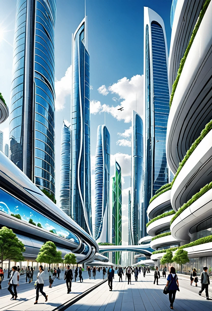 The image depicts a futuristic cityscape, characterized by towering skyscrapers with sleek, modern designs. The buildings are predominantly white and blue, with a few green accents, suggesting a focus on sustainability or eco-friendliness. The architecture is highly stylized, with curved and angular forms that give the city a dynamic and advanced appearance.

The city is bustling with activity, as evidenced by the numerous pedestrians walking on the sidewalks and the traffic on the streets. The people are dressed in contemporary clothing, and the vehicles are sleek and streamlined, fitting the futuristic aesthetic.

The sky is a clear blue, indicating good weather, and the city is bathed in natural light, suggesting it's daytime. The overall atmosphere is one of progress and innovation, with a sense of order and cleanliness that is often associated with futuristic urban environments.

The image is likely a digital artwork or a concept design, meant to inspire or represent what cities might look like in the future. It showcases a vision of urban development that emphasizes technology, sustainability, and a high quality of life for its inhabitants.