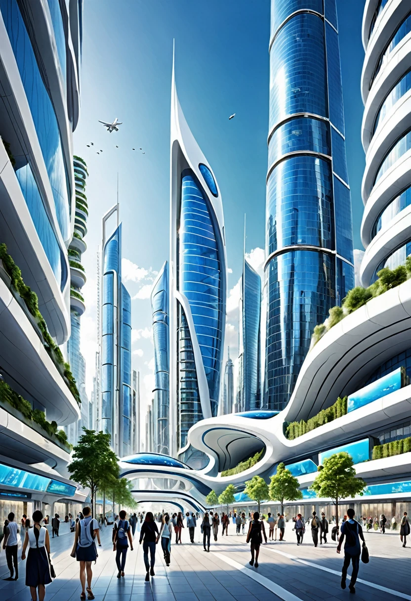 The image depicts a futuristic cityscape, characterized by towering skyscrapers with sleek, modern designs. The buildings are predominantly white and blue, with a few green accents, suggesting a focus on sustainability or eco-friendliness. The architecture is highly stylized, with curved and angular forms that give the city a dynamic and advanced appearance.

The city is bustling with activity, as evidenced by the numerous pedestrians walking on the sidewalks and the traffic on the streets. The people are dressed in contemporary clothing, and the vehicles are sleek and streamlined, fitting the futuristic aesthetic.

The sky is a clear blue, indicating good weather, and the city is bathed in natural light, suggesting it's daytime. The overall atmosphere is one of progress and innovation, with a sense of order and cleanliness that is often associated with futuristic urban environments.

The image is likely a digital artwork or a concept design, meant to inspire or represent what cities might look like in the future. It showcases a vision of urban development that emphasizes technology, sustainability, and a high quality of life for its inhabitants.