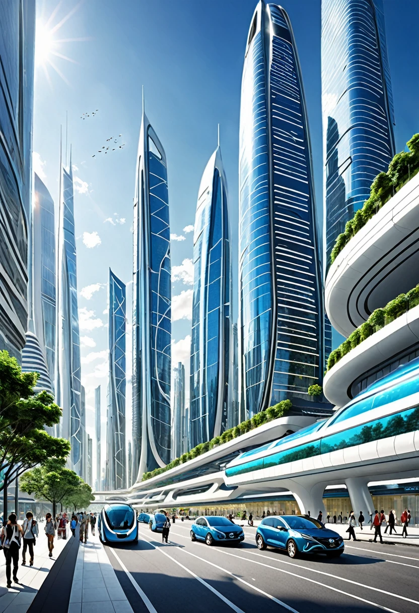 The image depicts a futuristic cityscape, characterized by towering skyscrapers with sleek, modern designs. The buildings are predominantly white and blue, with a few green accents, suggesting a focus on sustainability or eco-friendliness. The architecture is highly stylized, with curved and angular forms that give the city a dynamic and advanced appearance.

The city is bustling with activity, as evidenced by the numerous pedestrians walking on the sidewalks and the traffic on the streets. The people are dressed in contemporary clothing, and the vehicles are sleek and streamlined, fitting the futuristic aesthetic.

The sky is a clear blue, indicating good weather, and the city is bathed in natural light, suggesting it's daytime. The overall atmosphere is one of progress and innovation, with a sense of order and cleanliness that is often associated with futuristic urban environments.

The image is likely a digital artwork or a concept design, meant to inspire or represent what cities might look like in the future. It showcases a vision of urban development that emphasizes technology, sustainability, and a high quality of life for its inhabitants.