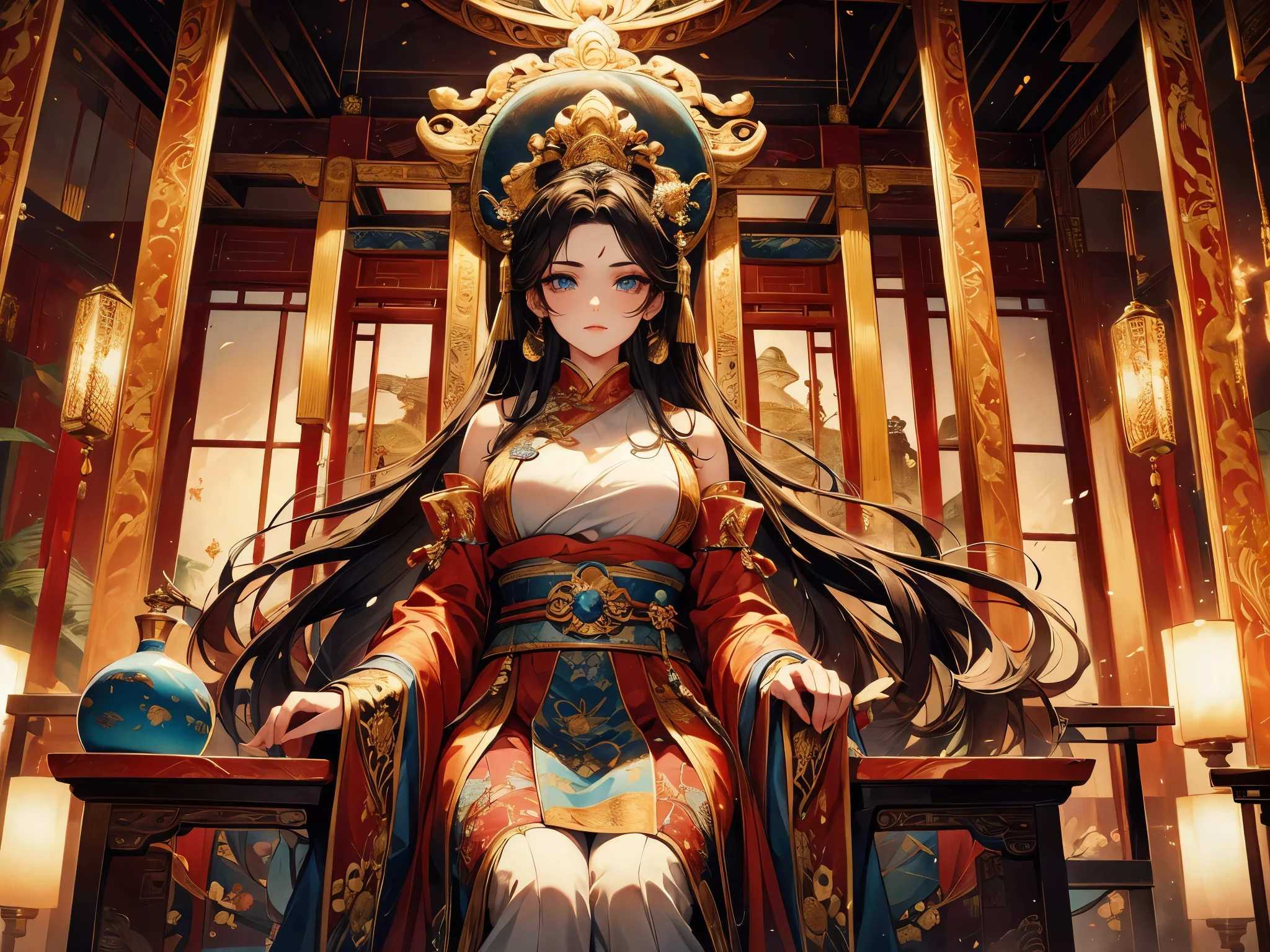 beautiful detailed eyes, beautiful detailed lips, extremely detailed eyes and face, long eyelashes, 1 emperor sitting on the throne in the main hall of an ancient Chinese palace high up in the clouds, surrounded by concubines and artisans kneeling before him, wearing luxurious ancient costume, majestic expression, ornate glazed tiles, colorful lighting, splashed ink, masterpiece, high quality, exquisite graphics, high detail
