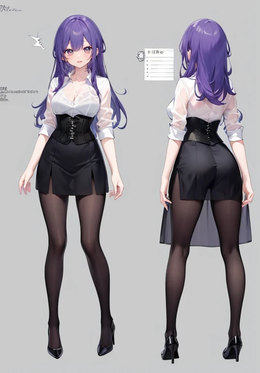 Purple hair,voluminous long hair,Adult female,(suit),See-through shirt,See-through tops,((Roll up your sleeves)),(Corset),(Tight skirt),(high heels),The heel is visible,((Simple background)),Smile,((Full body)),((whole body)),Character Sheet,