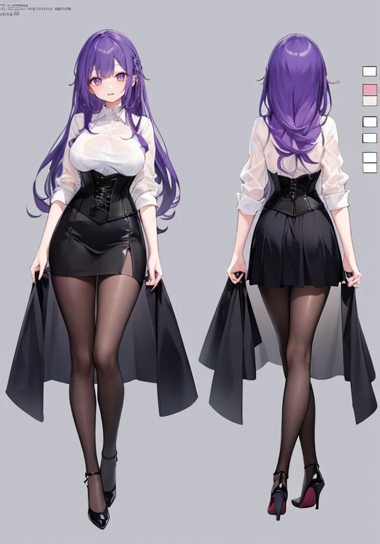 Purple hair,voluminous long hair,Adult female,(suit),See-through shirt,See-through tops,((Roll up your sleeves)),(Corset),(Tight skirt),(high heels),The heel is visible,((Simple background)),Smile,((Full body)),((whole body)),Character Sheet,