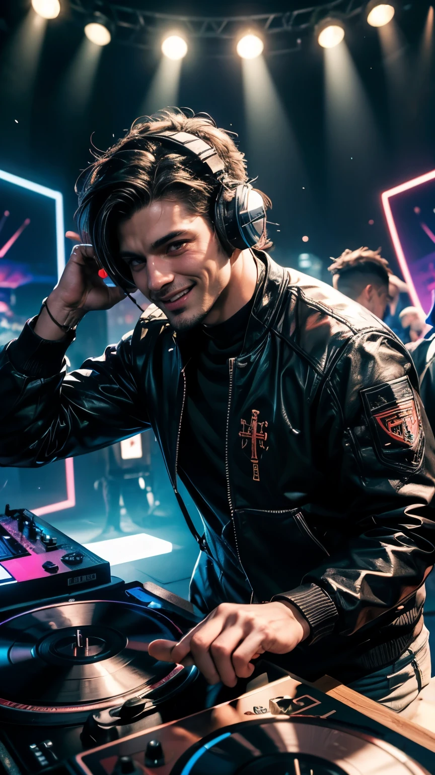 best quality, masterpiece, 8K, HD, masculine, 25 year old-man, muscular, he is a sexy DJ, wearing big headphones, big smile, dancing behind a turntable and sound mixer, in an outdoor rave party, neon templar cross sign, audience in the foreground holding their hands up and looking directly at him, vibrant colors, front view, pov from below, zoomed out, highly detailed, perfection,