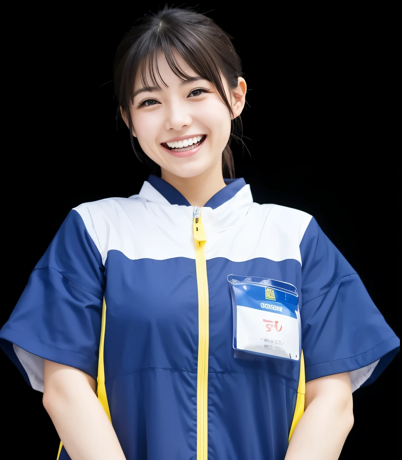 Japanese　woman　young　Laughing out loud　White teeth are visible　Behind is a convenience store 