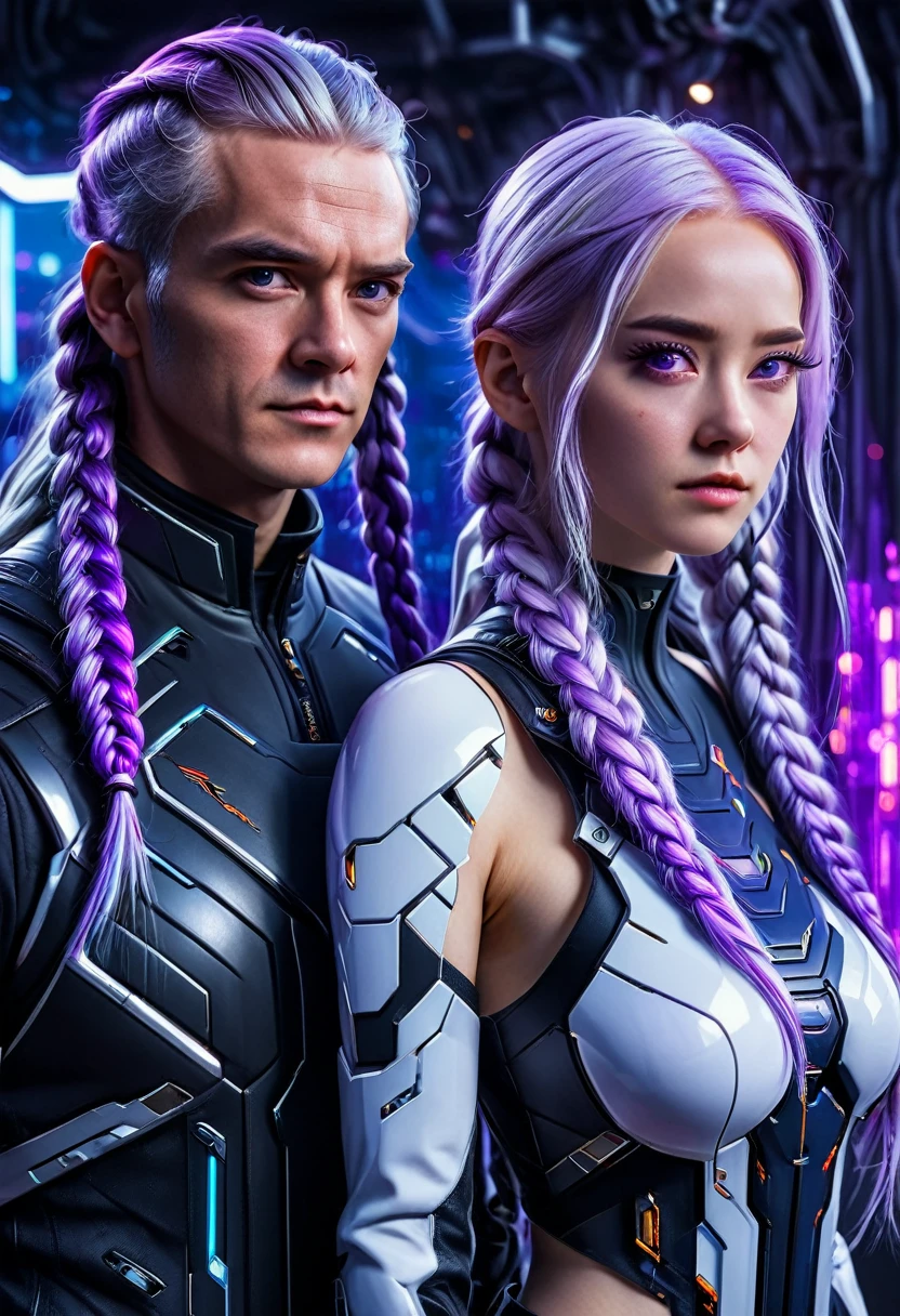 detailed portrait of two secret agent lovers, man and woman standing standing side by side looking at the viewer, yinji, purple hair, purple eyes, long hair, white hair, double braids, gradient hair, highly detailed, intricate machinery, glossy metal skin, glowing blue lights, complex circuitry, futuristic technology, edge light, dramatic lighting, beautiful starry background, octane rendering, cool, personality, brave, realistic 3D render, cinematic composition, award winning digital art, best quality, masterpiece, illustrations, very exquisite and beautiful, very detailed, CG, unity, wallpaper, stunning, exquisite details