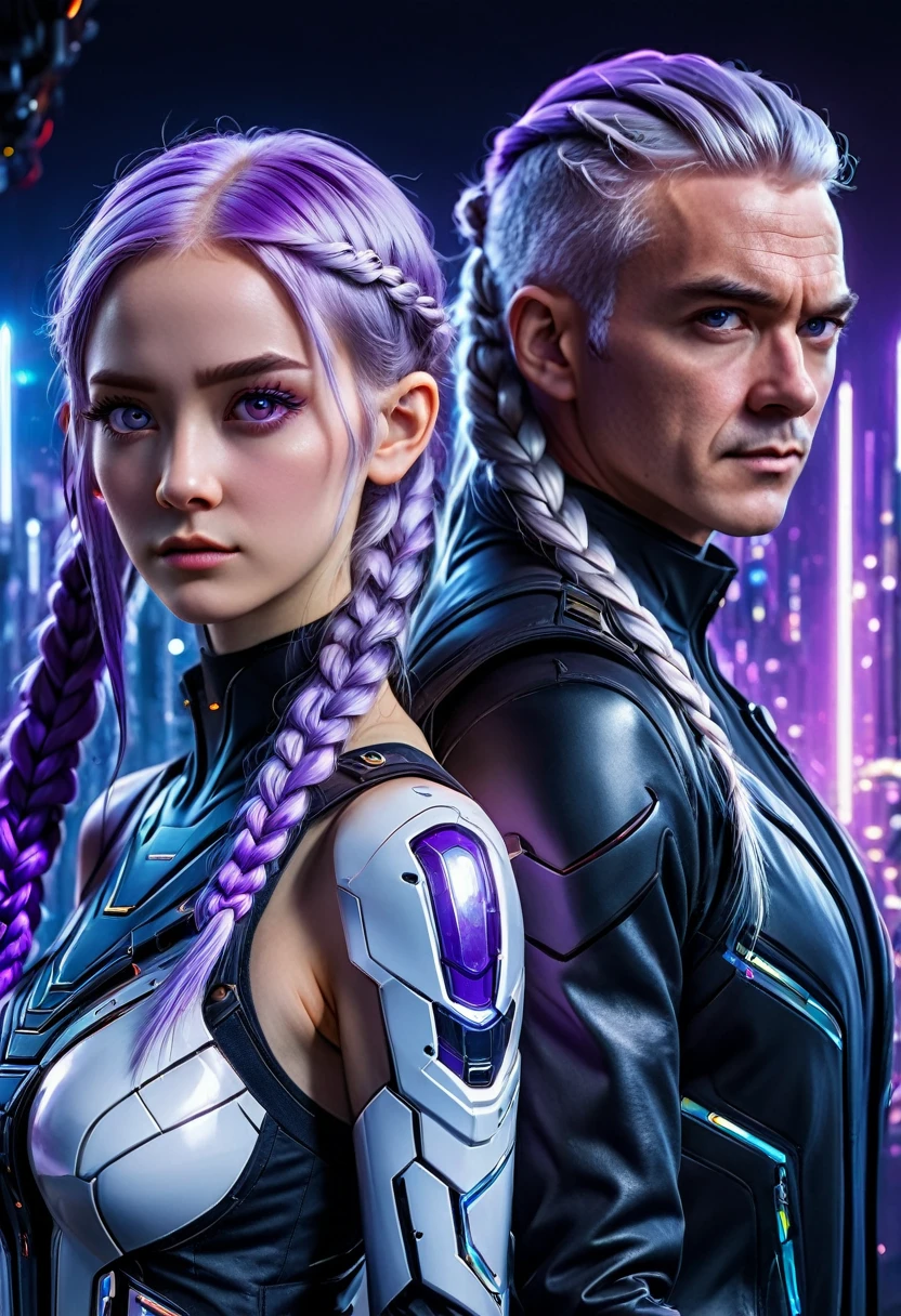 detailed portrait of two secret agent lovers, man and woman standing standing side by side looking at the viewer, yinji, purple hair, purple eyes, long hair, white hair, double braids, gradient hair, highly detailed, intricate machinery, glossy metal skin, glowing blue lights, complex circuitry, futuristic technology, edge light, dramatic lighting, beautiful starry background, octane rendering, cool, personality, brave, realistic 3D render, cinematic composition, award winning digital art, best quality, masterpiece, illustrations, very exquisite and beautiful, very detailed, CG, unity, wallpaper, stunning, exquisite details
