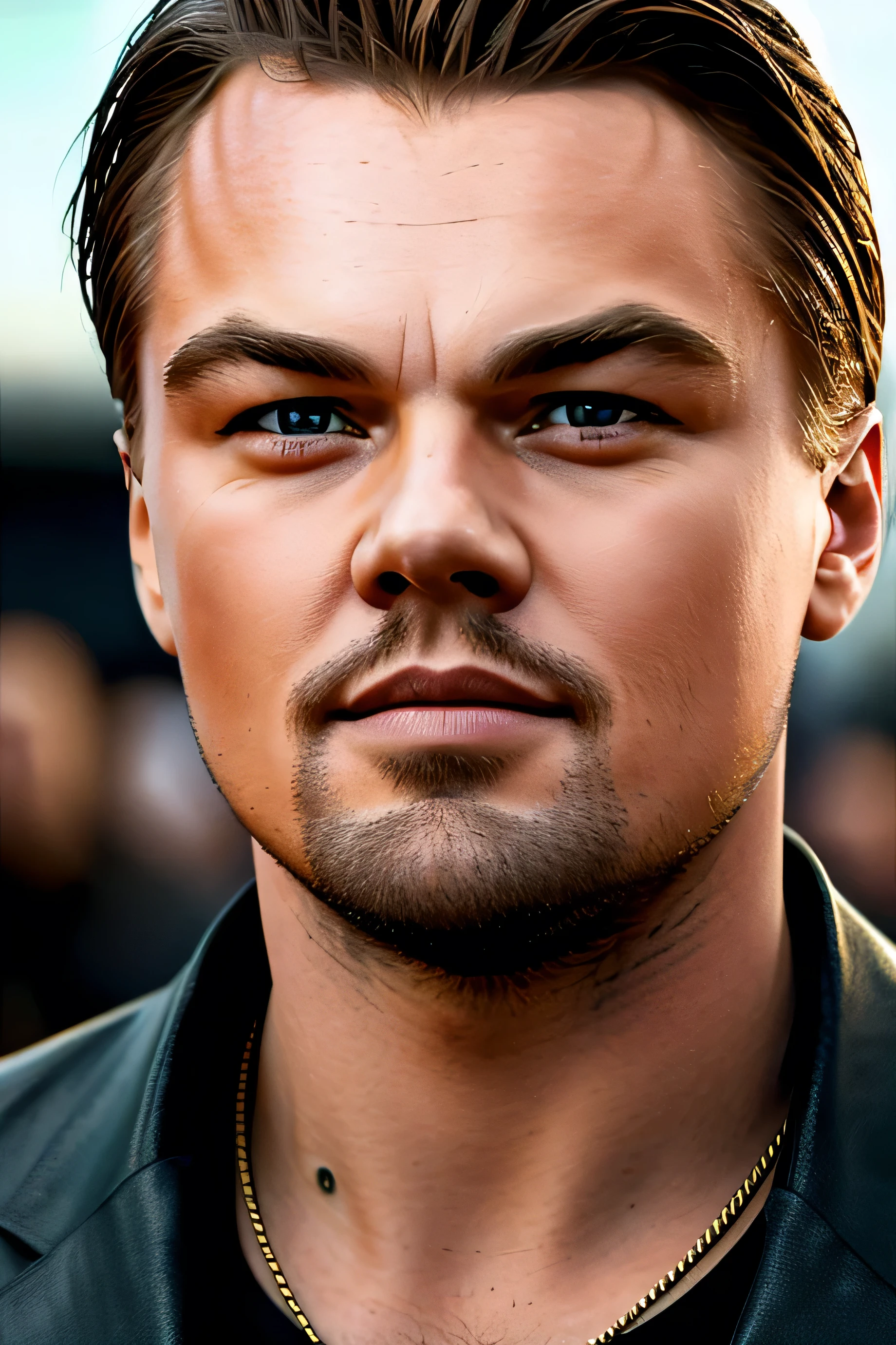 Actor Leonardo DiCaprio, facing the audience, half body shot, detailed background, detailed representation of the face, detailed eyes, best image, high quality, high resolution, best picture, best quality, random pose, full body portrait