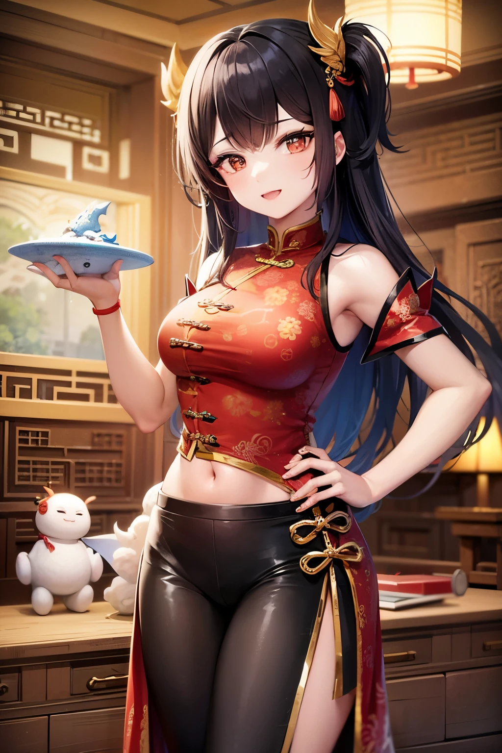 A Chinese-style girl in pose, holding a dragon statue in his hands, in the background there is a spaceship in the form of a Chinese dragon, a kind smile, security nearby