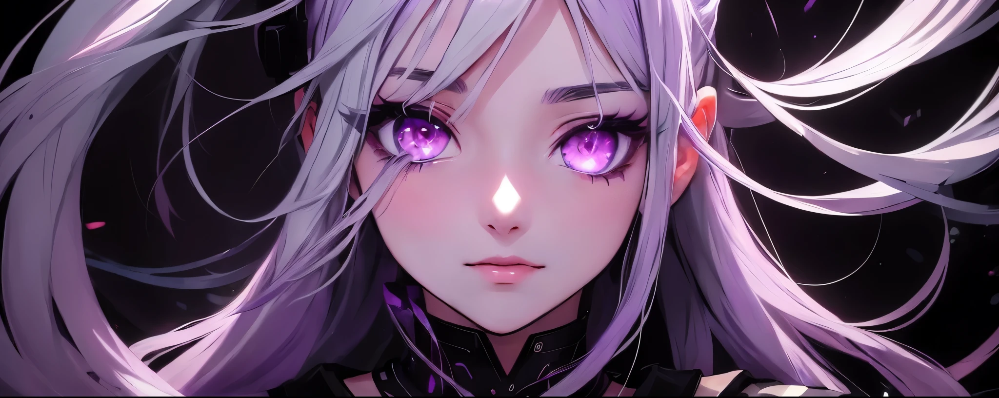 Anime girl with purple eyes and long purple and white hair looking at the camera, Her eyes have black anime pupils, with Glowing purple eyes, Stunning Anime Face Portraits, detailed Digital anime art, Beautiful anime faces, With big bright sad eyes, Has bright purple eyes, Eyes glowing purple, Detailed anime faces, Digital anime art, Glowing purple eyes, With glowing eyes, Girl with white eyes