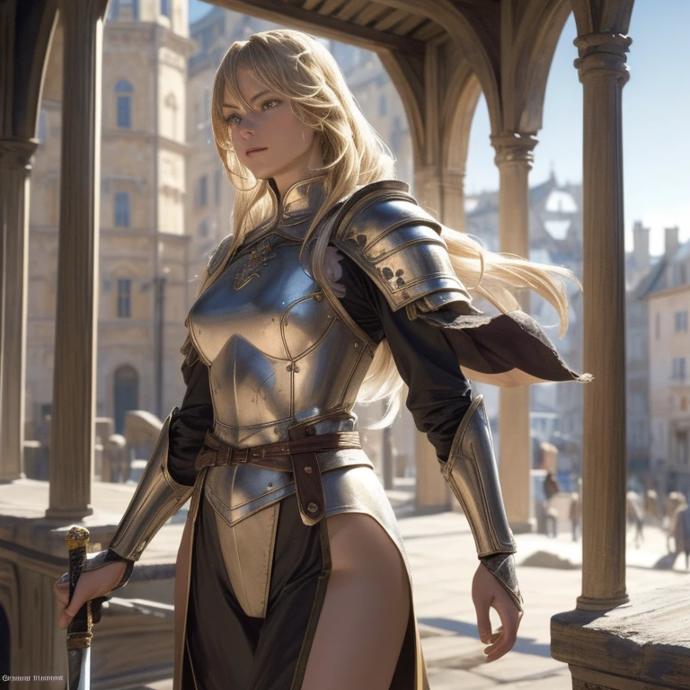 A heroic female warrior with a damaged cloak walking away, long blonde hair flowing, in a swordsman style light armor, slender figure, toned thighs and round buttocks, wearing earth-tone long tights, in an old European medieval town with swirling dust, low angle shot from below, celebrating the hero's return. (best quality, 4k, 8k, highres, masterpiece:1.2), ultra-detailed, realistic, photorealistic, photo-realistic:1.37, HDR, UHD, studio lighting, ultra-fine painting, sharp focus, physically-based rendering, extreme detail description, professional, vivid colors, bokeh, fantasy, medieval, cinematic, dramatic, heroic, adventurous, atmospheric, intricate, detailed, ornate, elegant, sophisticated, female protagonist, strong female character, blonde hair, long hair, toned body, tight outfit, damaged cloak, sword, medieval town, old buildings, swirling dust, low angle, looking back