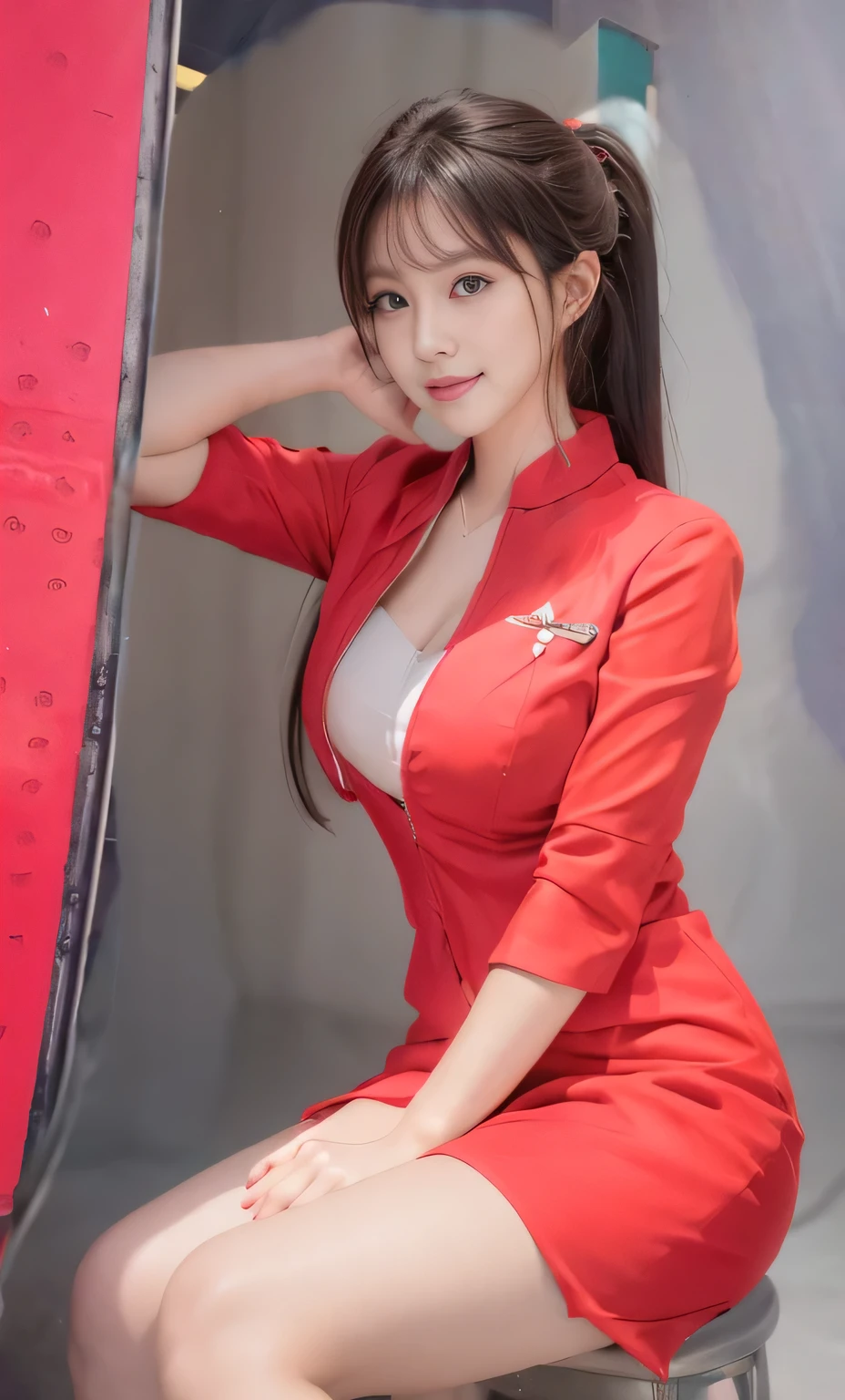 (masterpiece:1.2, highest quality:1.2), 32K HDR, High resolution, (alone、1 girl)、(On board、Professional Lighting)、Skyscraper Background、Beautiful city view、(Realistic style with AirAsia flight attendant uniforms)、(AirAsia uniform unzipped red jacket、AirAsia uniform long sleeve red jacket、AirAsia uniform red mini tight skirt、AirAsia uniform white shirt unbuttoned)、(AirAsia uniform shirt cleavage reveals big boobs)、Dark brown hair、ponytail、Red rubber band、(Long hair that reaches down to the legs、Tie your hair behind your head、Her tied-up long hair flutters in the wind)、A strong wind is blowing、Long Shot、((Fine hand:2.0)),((Harmonious body proportions:1.5)),((Normal limbs:2.0)),((Normal finger:2.0)),((Delicate eyes:2.0)),((Normal eyes:2.0)))、Luxury Necklace、Beautiful sitting posture