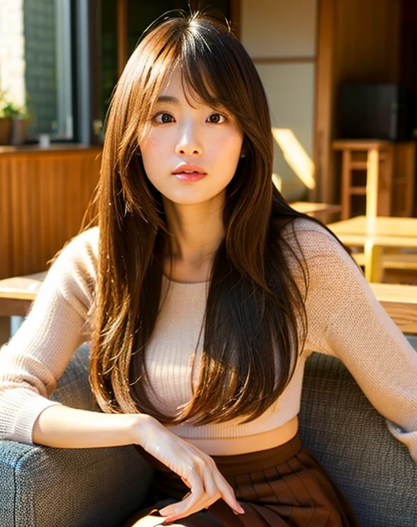 Serious Japanese woman Long Hair Her hair color is brown. Sitting upright indoors mini skirt