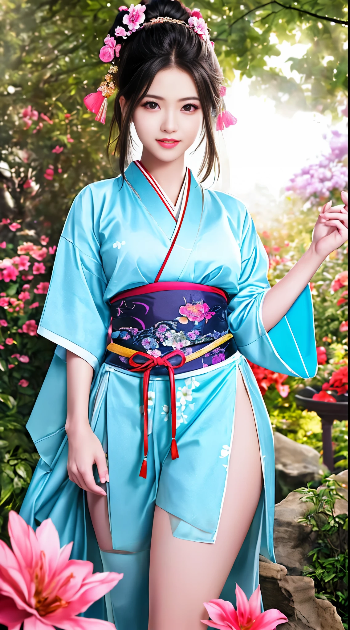 最high quality、high quality、Best image quality、8k、最High resolution、High resolution、最high quality、masterpiece、RAW Photos、whole body写真、Detailed and realistic human body、Detailed and realistic skin、Realistic face in every detail、Detailed and realistic eyes、Detailed and realistic lips、Detailed and realistic teeth、Detailed and realistic ears、Detailed and realistic hair、Realistic reproduction of every detail、((Beautiful Hands(thumb1、reference4))、Realistic feet down to the last detail、((Beautiful Japanese Girl))、(Japanese Model)、((18 year old beautiful girl))、(Black Hair)、(Random Hairstyles)、((whole body))、((Slim and perfect figure))、(Beautiful and firm breasts)、(whole body光沢肌、Fair skin)、Soft natural light、China dress、kimono、Ninja costume、Japanese tradition、Japanese garden、((Artificial pond(There are a lot of carp))、((Arched bridge over a pond))、((Sit on the bridge(Watching the carp in the pond))、((Colorful see-through(Floral Ninja Costume))、((Relax in the garden(Make your thighs look beautiful))、Angle looking down on the girl