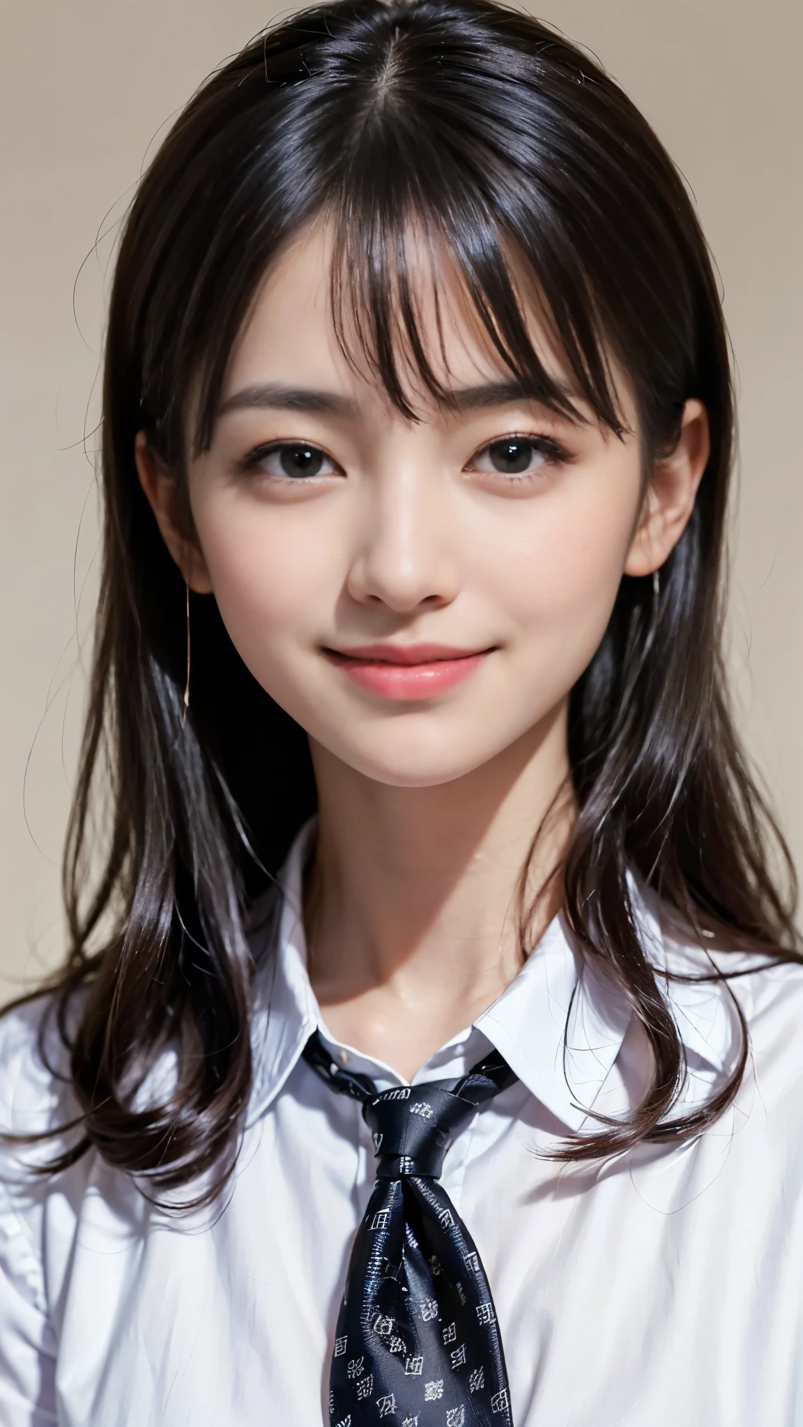 ((highest quality、Masterpiece、High resolution))、(((Zoom photo of upper body))、(A shy smile:1.2)、One 15-year-old female、Beautiful Skin、Beautiful Eyes、Large Breasts、shirt、tie、Black Hair、Trimmed bangs、Curly Hair