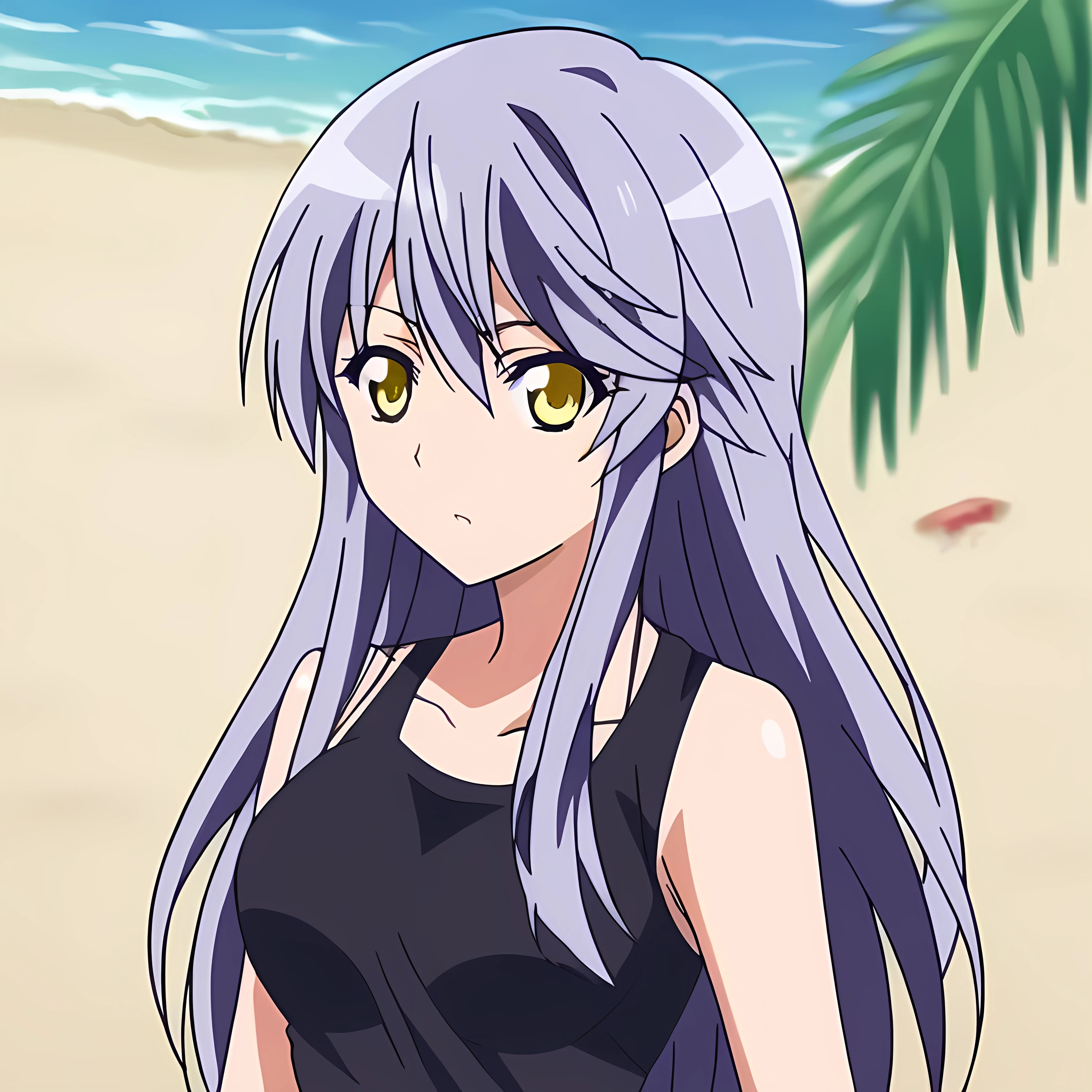  source_anime, long hair, yellow eyes, purple hair, beach, clothes off
solo icon 