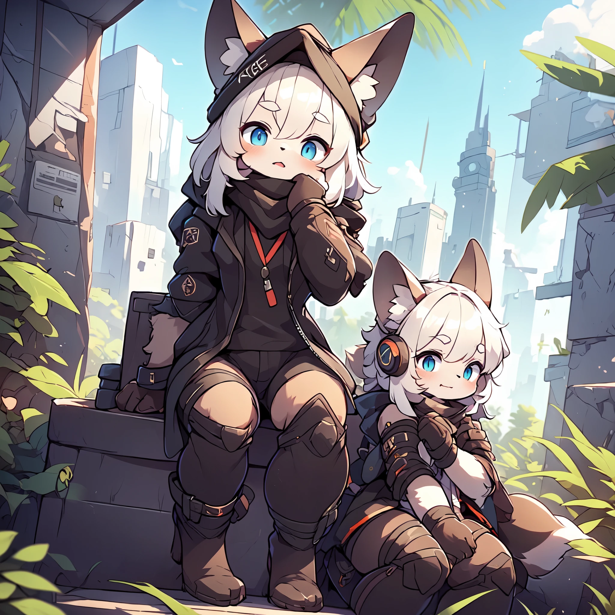 Kawaii, Striped Fluffy Fox, emaciated, long hair, 3girls, artificial synthetic skin, life support prosthetics, digital headphones, black tight latex bodysuit, white long dress, thigh-high-socks, shorts, loose off-the-shoulder hood open jacket, holsters in thigh, Mechanical boots, tactical knee pads, tactical belted loose Arm Sleeves, cybernetic Display gloves, chest rigs, tactical belts, blue archive halo, bulletproof goggles on forehead, from Ark nights, ray tracing, depth of field, bloom, masterpiece, ccurate, high details, highres
