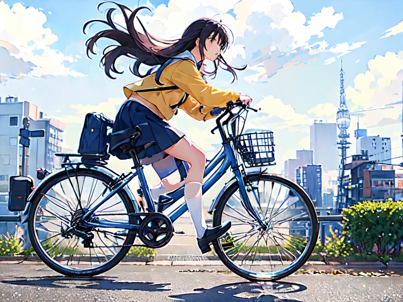 (masterpiece, highest quality:1.2), Reality、(One girl riding a bicycle), alone、high school girl、uniform、(no bags)、(whole)、(From diagonally ahead)、(Blank background)、(White background)、