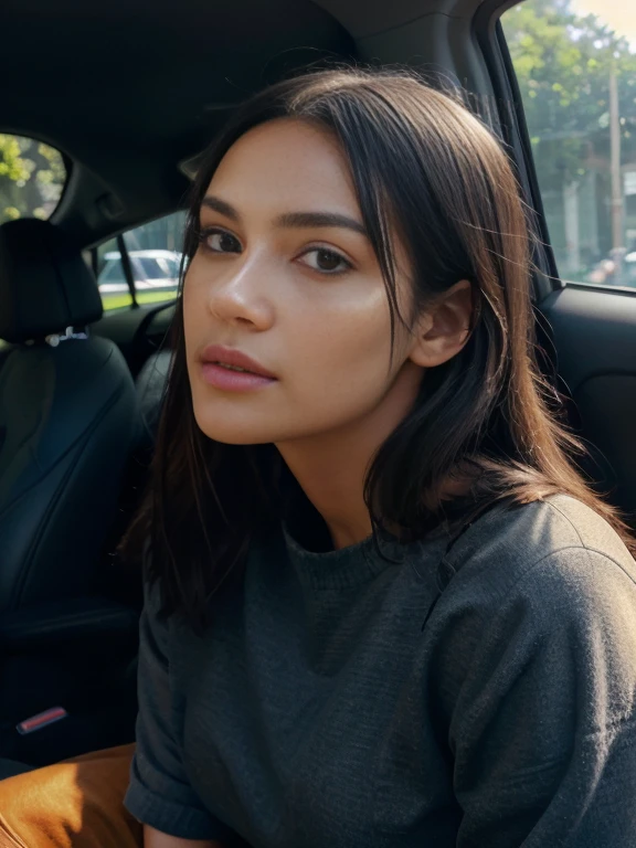 girl in the back seat of a car, sun rays, facing camera, casual dressed, distant,{{ Perfect proportion of facial features}},{{masterpiece}}, {{{best quality}}},{{ultra-detailed}}, {{illustration}},{{masterpiece}},{{{best quality}}},{{ultra-detailed}}, {{{illustration}}},clear facial features,beautiful scene,Photorealism,Realism,Photorealistic,high detail,hyper quality,high resolution,trending on artstation,hyperrealism,HD,16K,Unreal engine,rendered in octane,Corona Render,tilt-shift,Bottom view,Rembrandt Lighting,