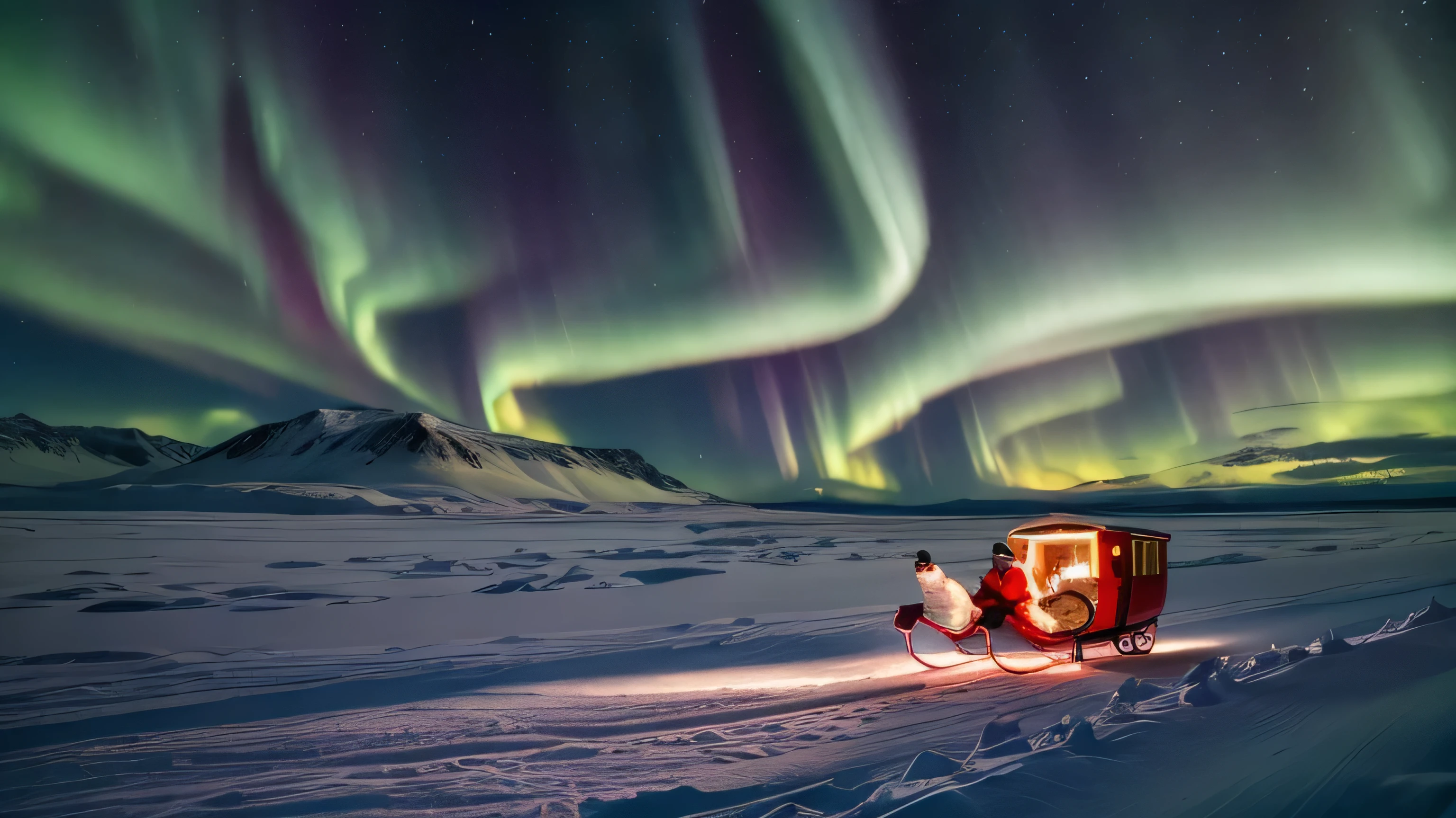 Arctic landscape，aurora，Snow Mountain，Snow，Santa Claus，sled，HD，8K，National Geographic Magazine Works