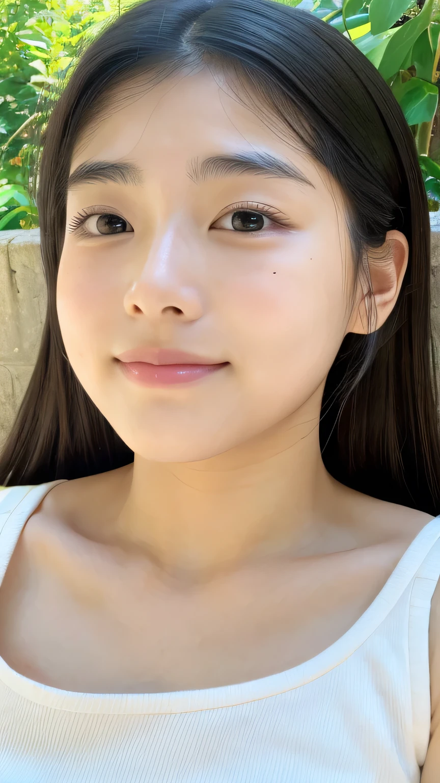 masterpiece High resolution Female student Delicate face Thick eyebrows Deep-set eyelids very cute natural atmosphere boyish Shortcuts Dimples Mole Tanuki face Tank top Put your ear to the ground and listen