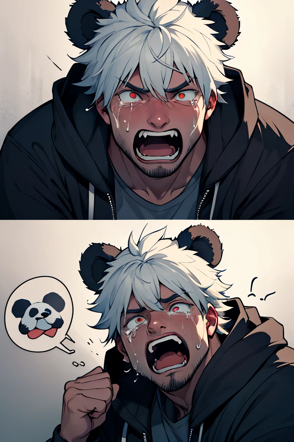 guy, dude, male, with panda ears, masculine, 2d scared screaming face with eyes popping out looking to the left side, but make it more terrified, horrified, eyes riddled in tears, male, guy, dude with panda ears