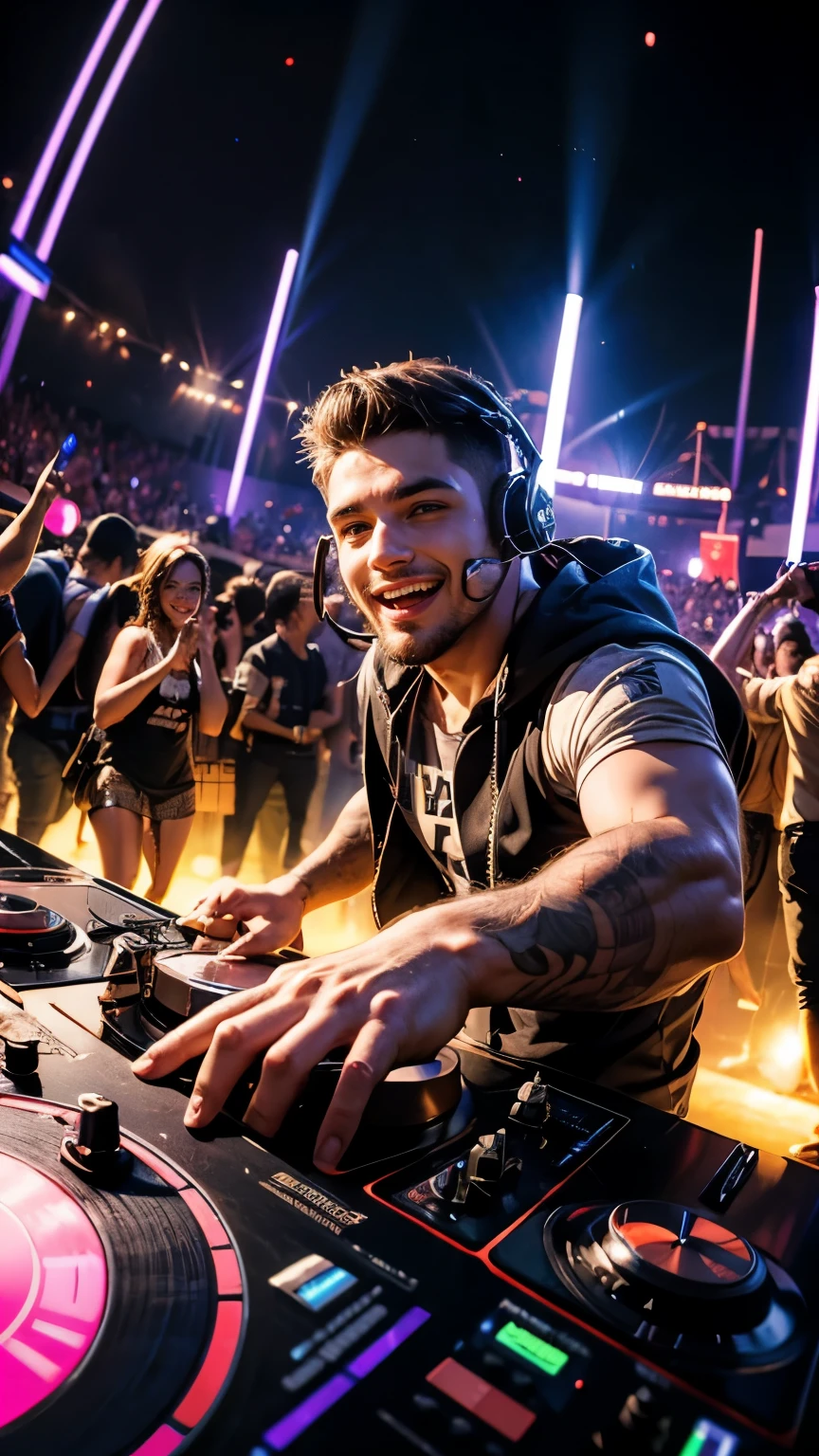 best quality, masterpiece, 8K, HD, masculine, 25 year old-man, he is a muscular DJ, wearing big headphones, big smile, dancing behind a turntable and sound mixer, in an outdoor rave party, neon templar cross sign, audience in the foreground holding their hands up and looking directly at him, vibrant colors, front view, pov from below, highly detailed, perfection,