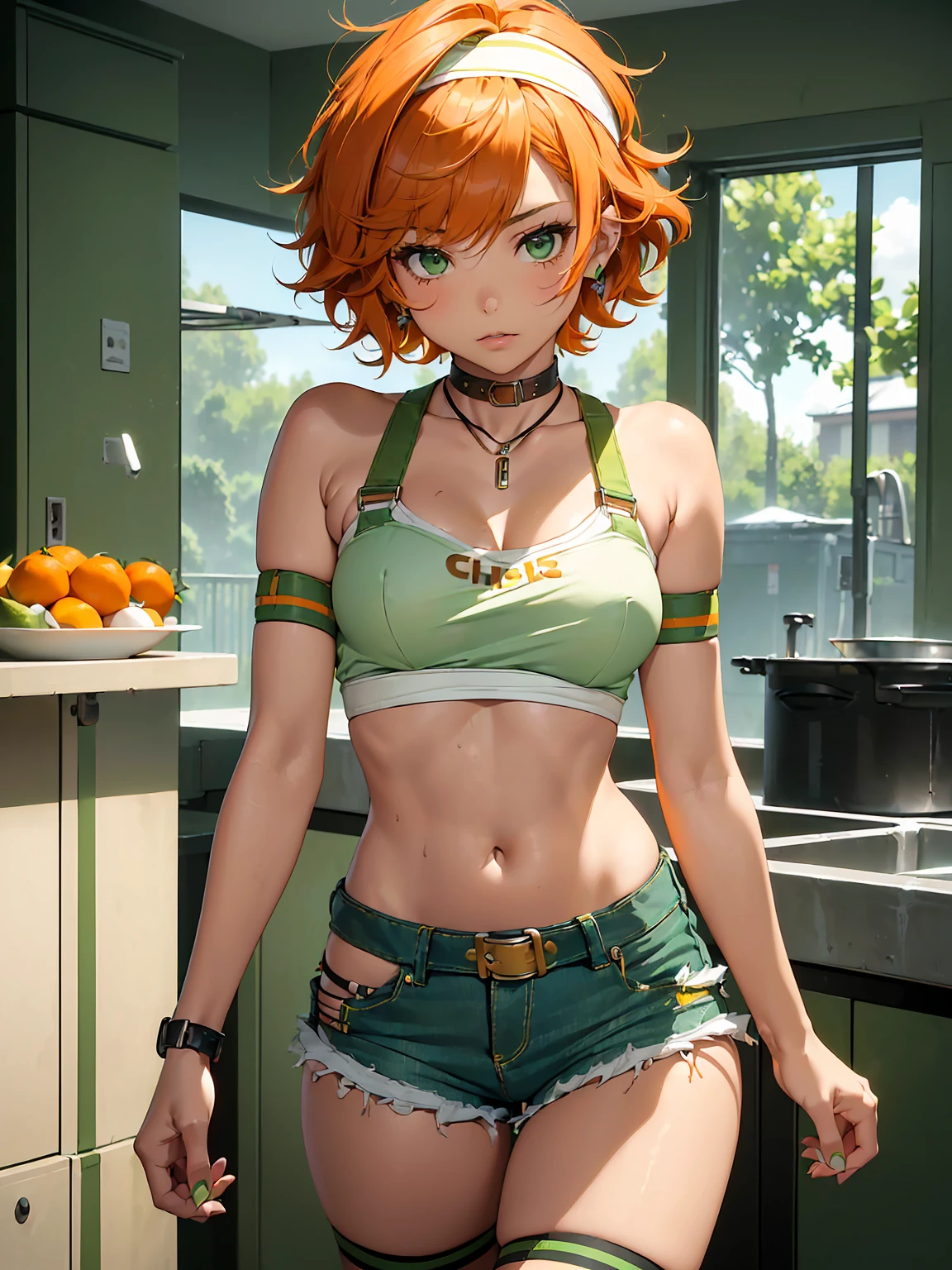 (masterpiece)(8k)((cute))(18-year old girl)(solo:1.5)(1girl:1.5)(wild hair:1.3)(short hair:1.3)(orange hair)(flat chest)(small breasts)(white chef bandana:1.2)(green pupils)(glossy skin)(glossy lips)(shiny)(seductive)(choker necklace)(lime-green camisole)(bra straps)(denim shorts)(intimacy)(knee high socks)(college)