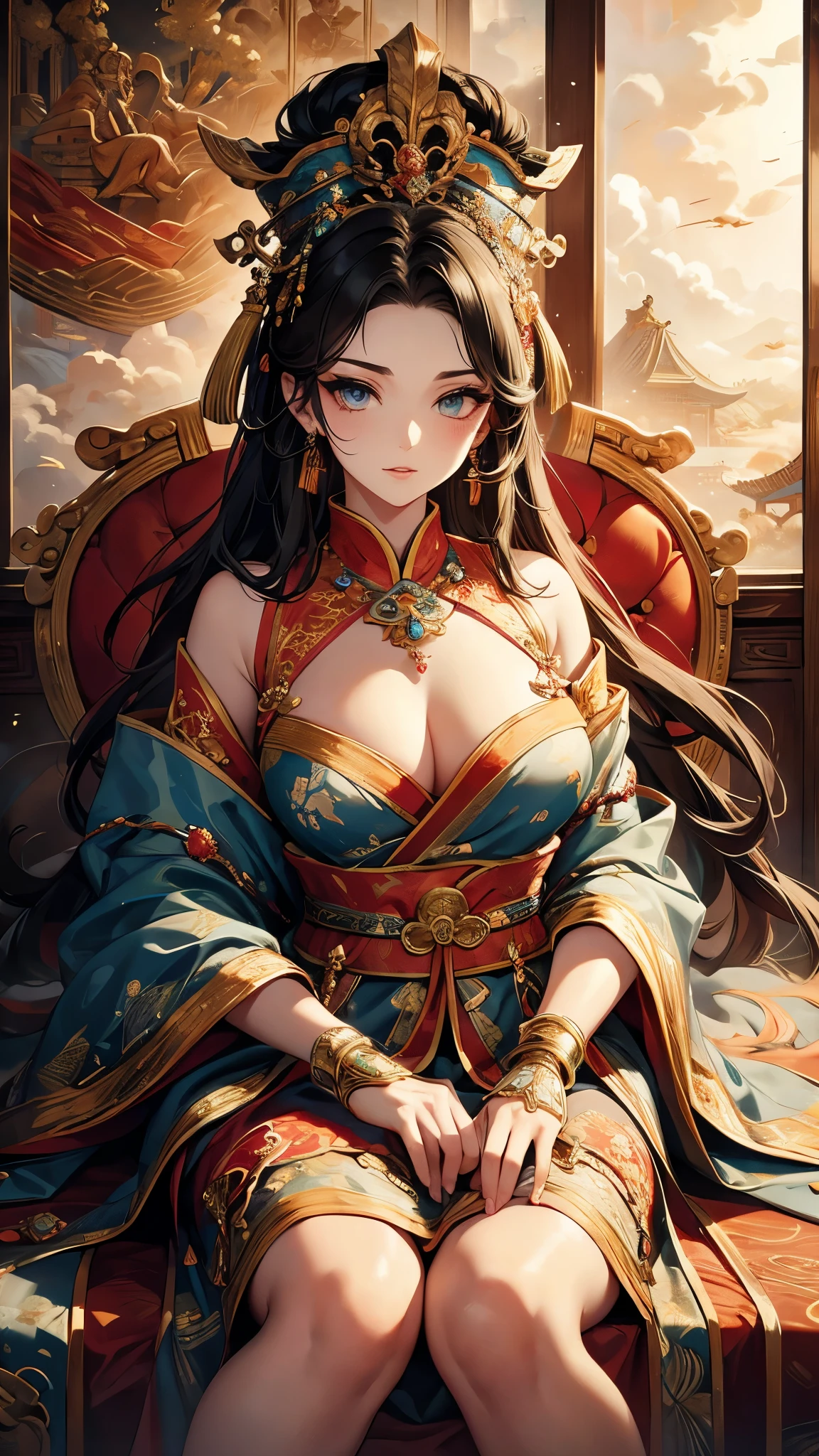beautiful detailed eyes, beautiful detailed lips, extremely detailed eyes and face, long eyelashes, 1 emperor sitting on the throne in the main hall of an ancient Chinese palace high up in the clouds, surrounded by concubines and artisans kneeling before him, wearing luxurious ancient costume, majestic expression, ornate glazed tiles, colorful lighting, splashed ink, masterpiece, high quality, exquisite graphics, high detail
