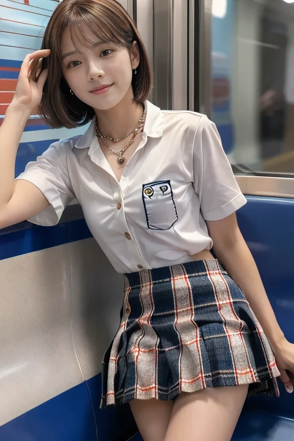 (on the train、An 18-year-old female attending school:1.5)、(The best quality at its best:1.4), (Super detailed), (Very detailed CG unified 16k), Beautiful woman with perfect figure: 1.4, Sharp focus: 1.2, Very detailed, High-quality RAW color photos, Professional photography, Great face and eyes, cosmetics, (Amazingly beautiful girl), ((school uniform、Checkered mini skirt:1.5)), Sexy posture,(View from below), Realistic movie faces, Wide zoomed out view of head to foot length, Full body long view, Realistic, ((Realistic natural orange red hairstyle, Realistic blue eyes)), ( Short Bob Hair:1.5), (necklace:1.5)、, Very beautiful face, Perfect model beauty, Mouth swelling, Highly detailed face and skin texture, Fine grain, double eyelid, Medium chest, smile, Crack, west, (masterpiece), highest quality, High resolution, Very detailed, Blurred Background, Depth of written boundary, Cinema Lighting, Great legs, , Clear, well-maintained skin, (((Women make up the majority of the photo)))