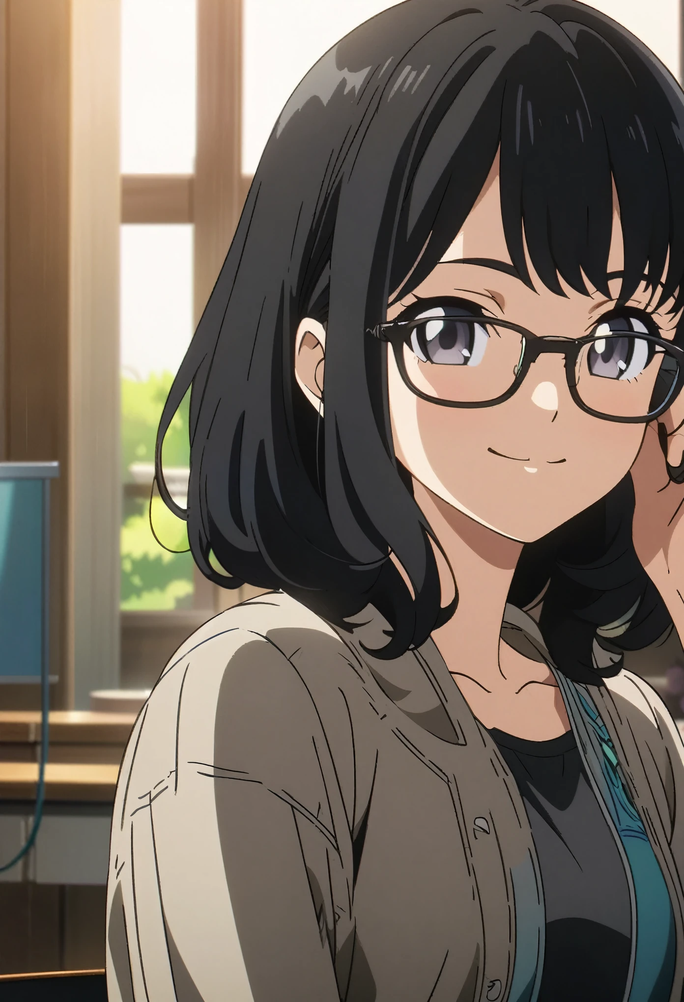 black hair, black eyes, medium hair, smiling, wearing glasses, anime style, ultra detailed, 8k
