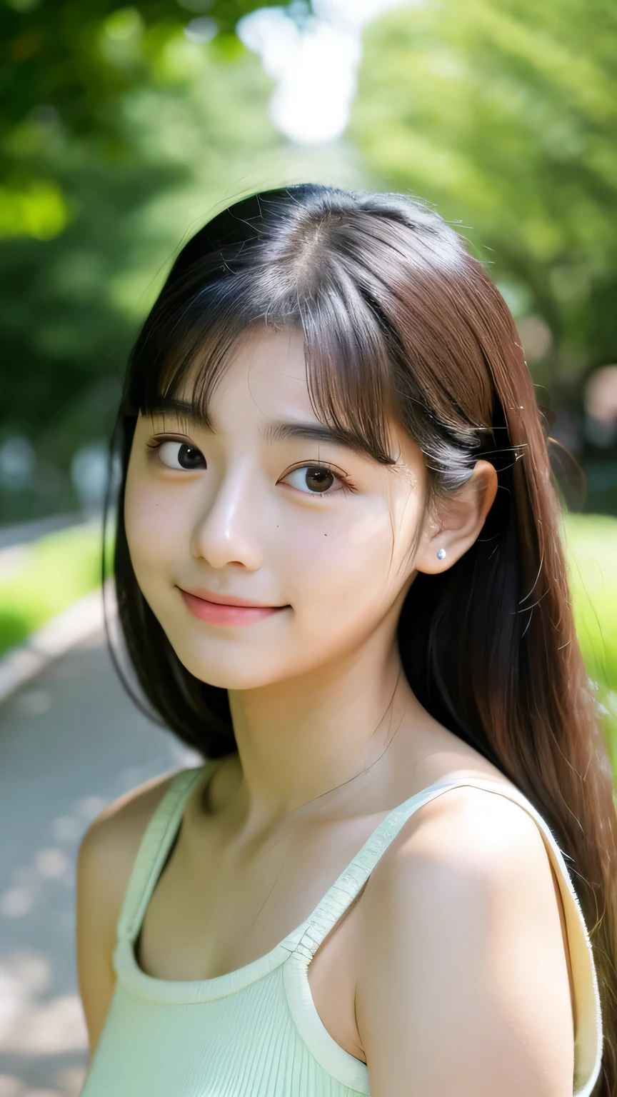 masterpiece High resolution Female student Delicate face Thick eyebrows Deep-set eyelids very cute natural atmosphere boyish Shortcuts Dimples Mole Tanuki face Tank top Put your ear to the ground and listen