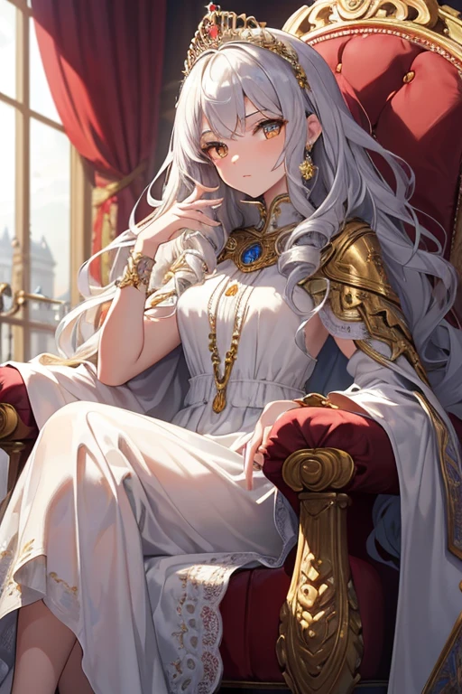 masterpiece, highest quality, Very detailed, 16k, Ultra-high resolution, Perfect Fingers, Detailed face, -yeld gi Golden Eyes, Silver Hair, Long Hair, Curly Hair, Troubled face, Crimson classic dress, Luxurious clothes, shawl, Cape, Super long skirt, A gorgeous tiara on her head, royal palace, Sitting on the throne