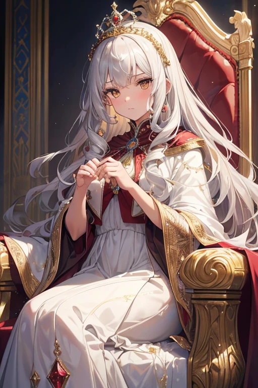 masterpiece, highest quality, Very detailed, 16k, Ultra-high resolution, Perfect Fingers, Detailed face, , Golden Eyes, Silver Hair, Long Hair, Curly Hair, Troubled face, Crimson classic dress, Luxurious clothes, shawl, Cape, Super long skirt, A gorgeous tiara on her head, royal palace, Sitting on the throne