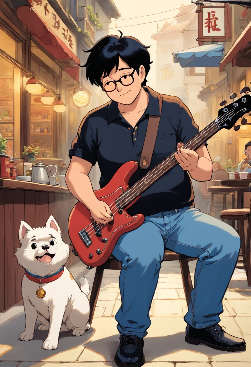 Very short black hair 50 years old chubby indonesian male wearing glasses, playing bass guitar, wearing black polo shirt and blue denim jeans, tintin, herge, with brown shin tzu dog , european comics, cafe background 