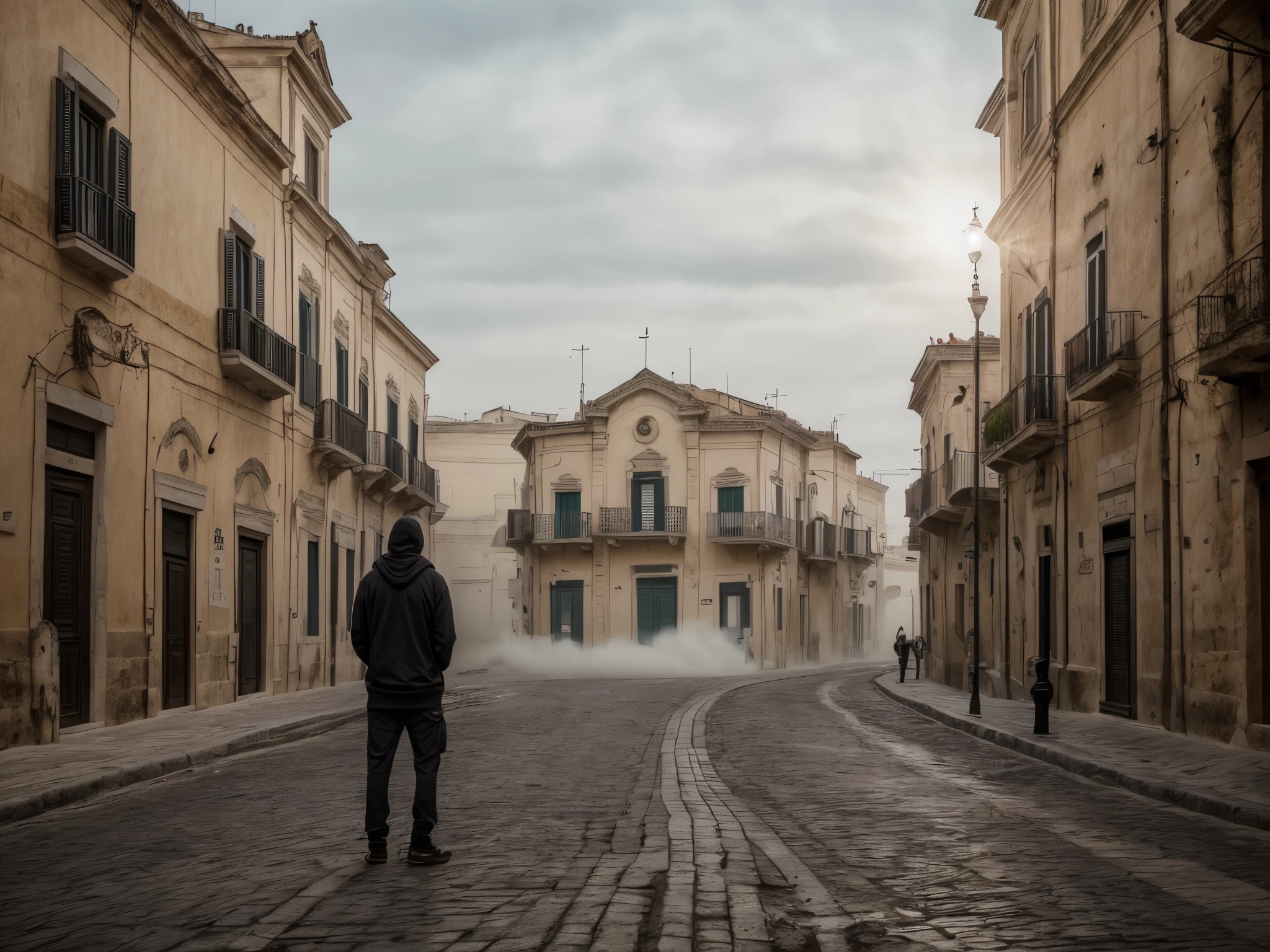 Sassi di Matera, Italy. sassi_di_matera. Outdoor in streets of Matera. The character is surrounded by mist, evoking a mysterious and eerie atmosphere. The lighting is dark and atmospheric, with a red smoke adding a touch of sinister ambiance. The image is of the best quality, with a resolution of 4k and HDR enhancement, showcasing the utmost level of detail and realism, nsfw, full body shot. [[YES SFW]], photorealistic man wearing a black hoodie is waiting for the Apocalypse.