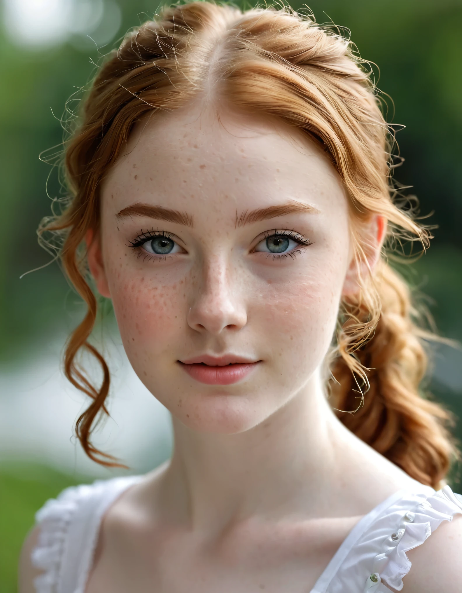 photography half body portrait of very beautiful realistic girl, -yeld, polain skin, very fair skin, very pale skin, redhead, wavy, ponytail with white ribbons, detail freckles skin, hazel eyes, slanted eyes, small nose, small nostril, thick curved eyebrow, thick bottom lip, seductive gaze, happy face, unique face, wear white t shirt, detail photo, realistic photo, master piece picture, sharp picture, outdoor clear daylight