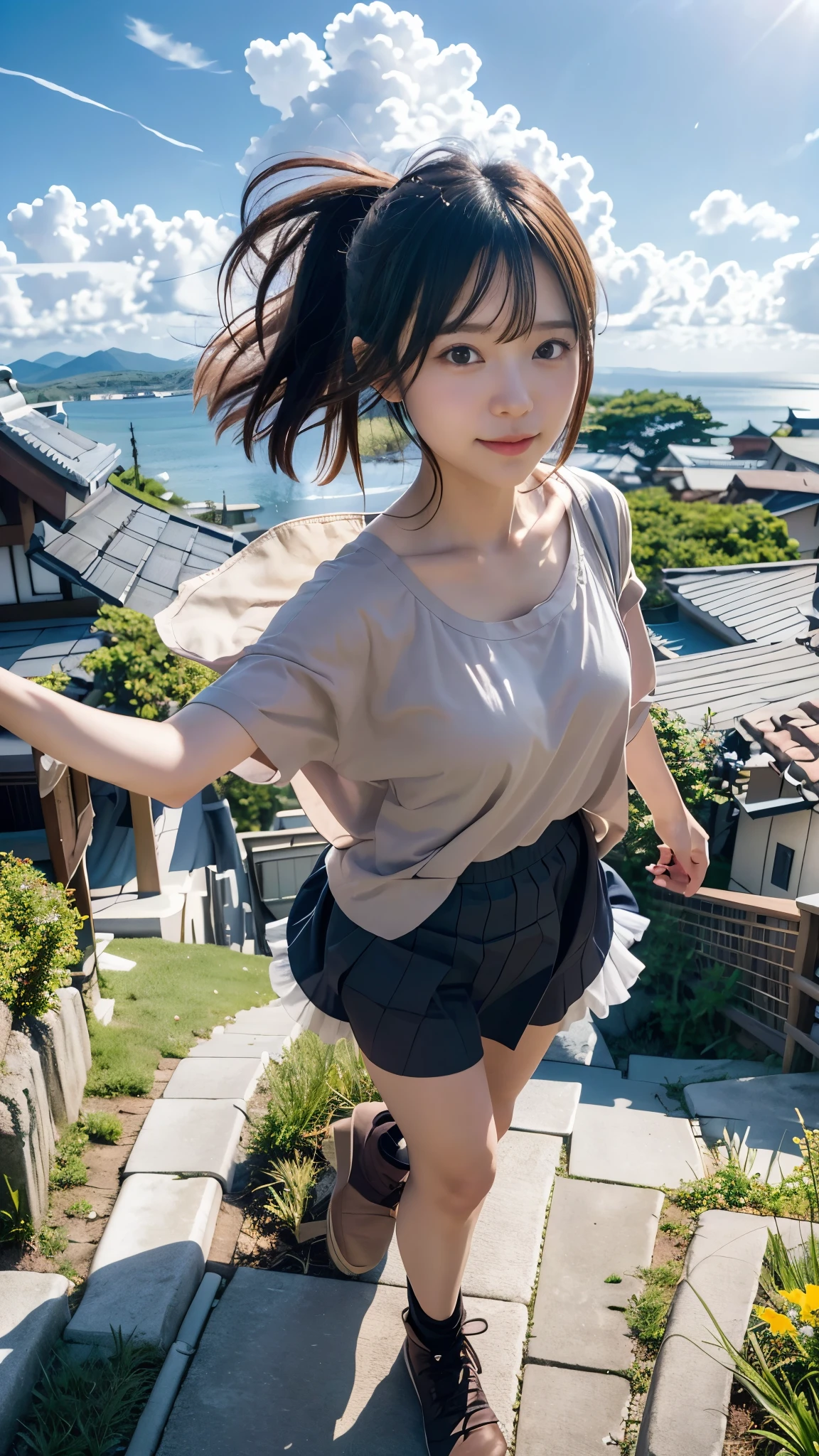 anime風の女性キャラクターのカラフルなプロフィール写真. anime「My Favorite Child」has characteristics that are clearly different from. The setting is sunset on the mountaintop. The environment is fantastic and adventurous. The camera settings are、A digital camera with a low ISO setting. This lens is a medium aperture zoom lens.. キャラクターデザインは日本のイラストレーターとanimeーターにインスピレーションを受けた, Akiko Sterrenberger, Photographed by Makoto Shinkai, Your Name。Director of, (Large Breasts), (Baby Face), (Open-minded feeling), (I feel like being totally naked:1.3), nice smile, (Hair soaring in the wind:1.3), (Skirt flipped up by the wind:1.3)