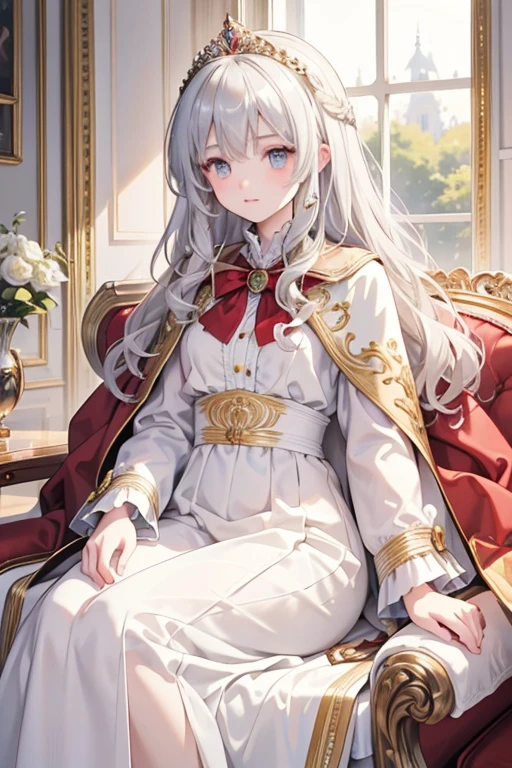 masterpiece, highest quality, Very detailed, 16k, Ultra-high resolution, Perfect Fingers, Detailed face, , Golden Eyes, Silver Hair, Long Hair, Curly Hair, Troubled face, Crimson classic dress, Luxurious clothes, shawl, Cape, Super long skirt, A gorgeous tiara on her head, royal palace, Sitting on the throne