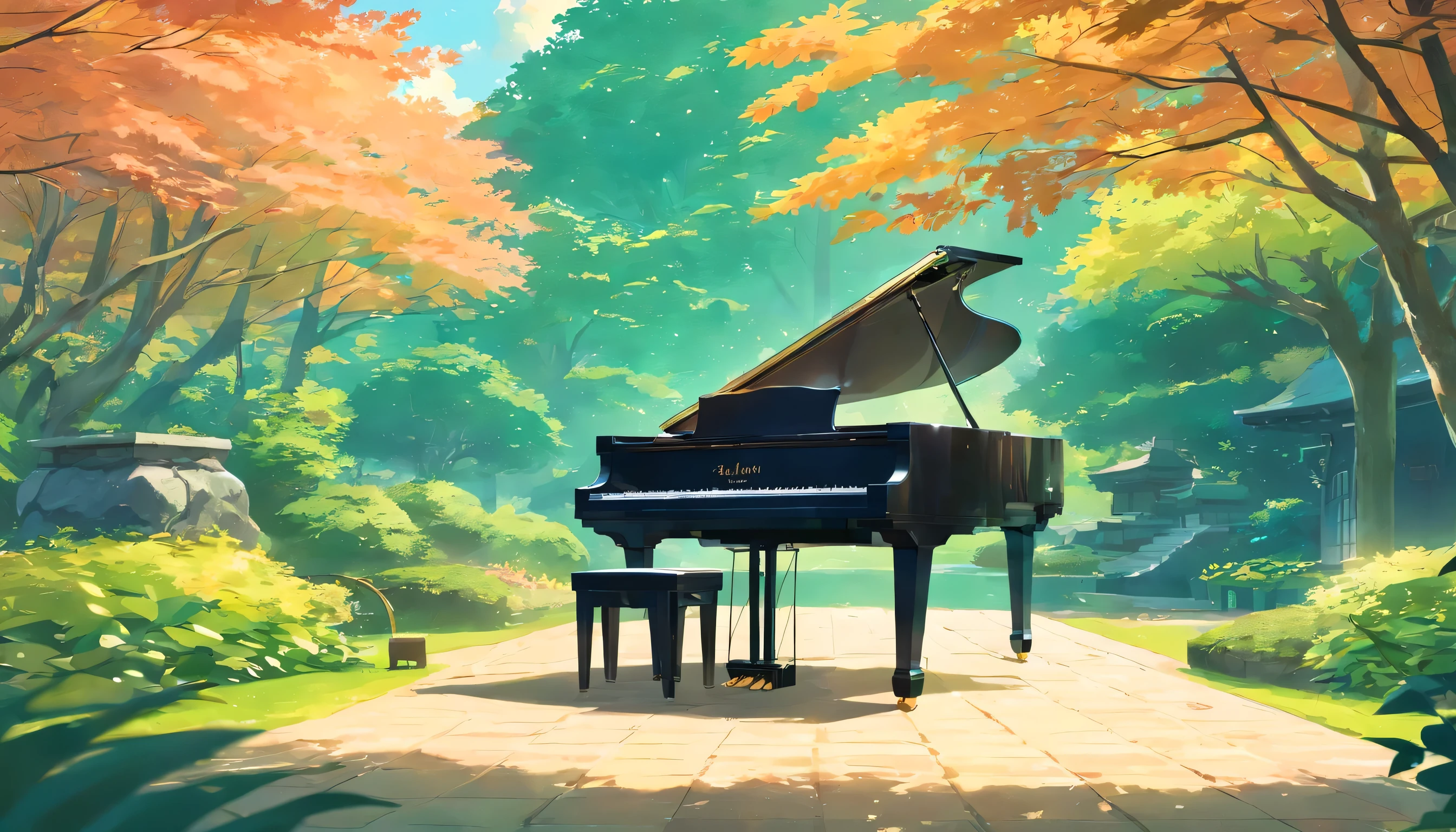 A grand piano in the middle of a Japanese garden、Well-maintained lawns and paths、Sunlight glitters through the green maple leaves、An empty Japanese garden