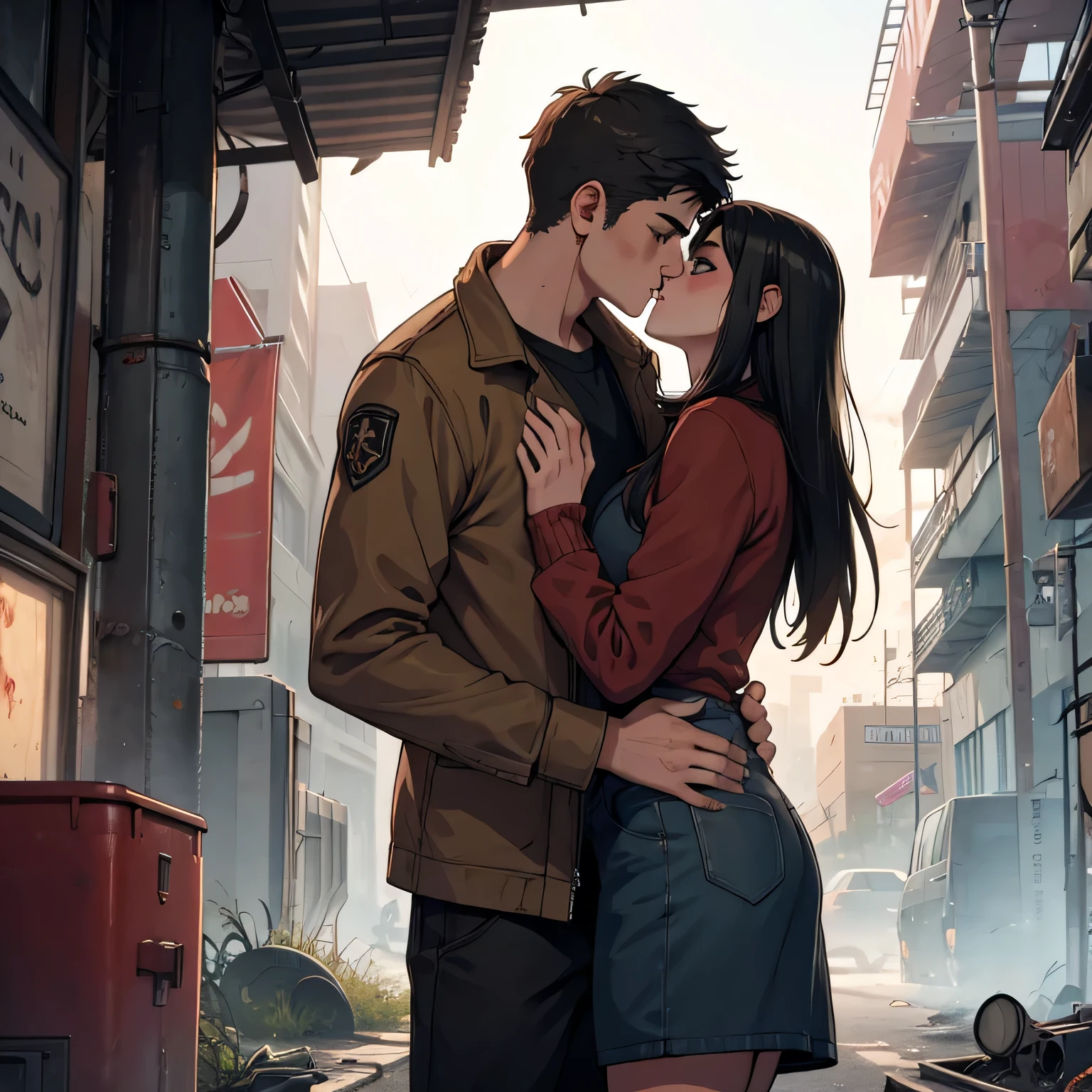 A 17 year old boy kissing a beautiful woman in the city destroyed by the zombie apocalypse