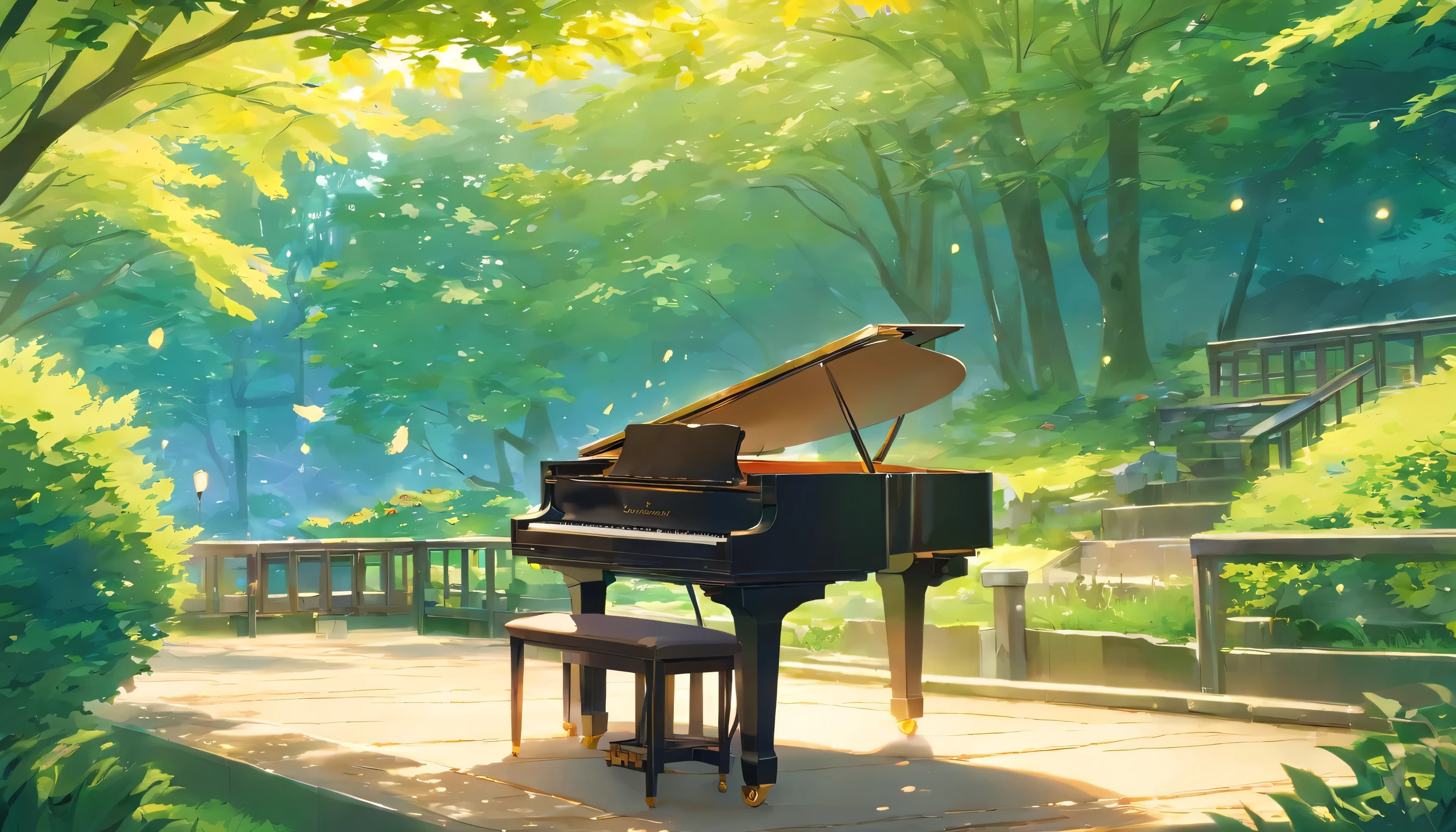 A grand piano in the middle of a Japanese garden、Well-maintained lawns and paths、Sunlight glitters through the green maple leaves、An empty Japanese garden