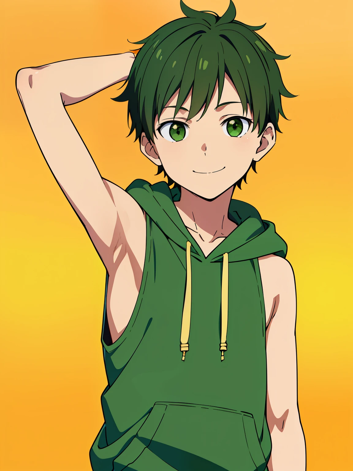 Highres, Masterpiece, Best quality at best,Best Quality,hight quality, hight detailed, 1boy, Shota, Solo, Cute boy, Torso, Green hoodie, Sleeveless hoodie, Smile, (Very young boy), (Very small and short body), 12-year-old boys, (Showing armpit:1.3), Simple beckground
