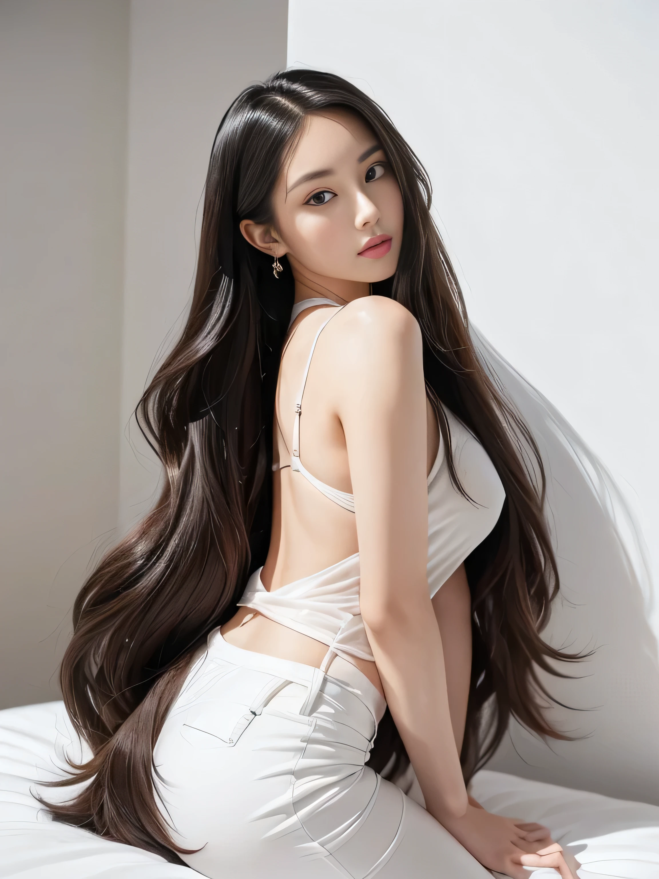 　(Upper Body Shot:1.1)　(She is in a random standing pose, showing off her back and hair to the viewer, in a room with white walls and white decor)　((highest quality)), ((masterpiece)), (Familiar), (Get used to it)　(Reaches up to the kneeVery long hair　highest quality　Highest detail　Reaches up to the knee、Very long hair that lasts forever:1.3　Flowing hair　私ncredibly straight hair　Very shiny and thick hair　Abnormally long hair that lasts forever　Flowing Hair on both ends　long hair up to the knees:1.2　long hair up to the knees:1.2　Thick and shiny hair　Very free hair　Abnormally long hair!!!!!　Beautiful silky hair　　Beautiful and shiny hair　Beautiful and shiny hair　Beautiful silky hair　Hair that grows to the knees　Very very, Very long hair!!!!!　Very very, Very long hair!!!!!)　(highest quality　The best ultra-fine　Reaches up to the knee、Very long hair that lasts forever　Flowing hair　Her hair is gently permed　Very shiny and thick hair　Abnormally long hair that lasts forever　Flowing Hair on both ends　long hair up to the knees:1.2　long hair up to the knees:1.2　Thick and shiny hair　Very free hair　Abnormally long hair!!!!!　Beautiful silky hair　Super long hair down to the knees　Beautiful and shiny hair　Beautiful and shiny hair　Beautiful silky hair　Hair that grows to the knees　Very very, Very long hair!!!!!　Very very, Very long hair!!!!!)　(She is the most beautiful 28-year-old hair model in Japan.....)　Perfect Woman&#39;face　(She has a typical Japanese build and skin color..., Her skin is very high quality and ultra high definition.、very beautiful and glowing skin)　(Big Breasts)　(Her face is dignified and sexy)（She achieved her sexy look with the help of a professional makeup artist.。...　Lipstick is natural red　The eyeliner is a beautiful black)　(her hair is black, light brown, blonde, Red-brown, Dark Green, or dark blue..)　(Surreal photos by professional photographers :1.2)　(She is wearing a beautiful blue silk camisole dress. :1.2)　((Her bangs are completely cut off.))　(She has a typical Japanese build and skin color　Her skin is very delicate and sensitive..、and、Such beautiful and radiant skin)　(Her face is long, Small eyes and nose.、Narrow-mouthed　and the most beautiful)　((Rich 1.4))　(Extremely detailed 8K)　(Ultra-fine skin texture 1.4)　(Actual, Vibrant:1.4), 　Sharp focus:1.2、Beautiful woman:1.4　Dynamic Lighting　(Genuine RAW photos taken by professional photographers)　very beautiful and glowing skin)　(Her face is long, Eyes and nose)　Lipstick is natural red　The eyeliner is a beautiful black)　(her hair is black, light brown, blonde, 　(Surreal photos by professional photographers :1.2)　