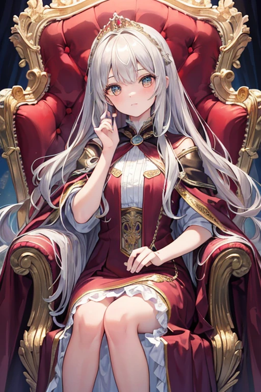 masterpiece, highest quality, Very detailed, 16k, Ultra-high resolution, Perfect Fingers, Detailed face, , Golden Eyes, Silver Hair, Long Hair, Curly Hair, Troubled face, Crimson classic dress, Luxurious clothes, shawl, Cape, Super long skirt, A gorgeous tiara on her head, royal palace, Sitting on the throne