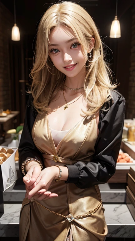 Blonde,light brown skin,Positive,cute,Gal,Flashy clothing,Smiling expression,Fancy Necklace,bracelet,Black Eye,
