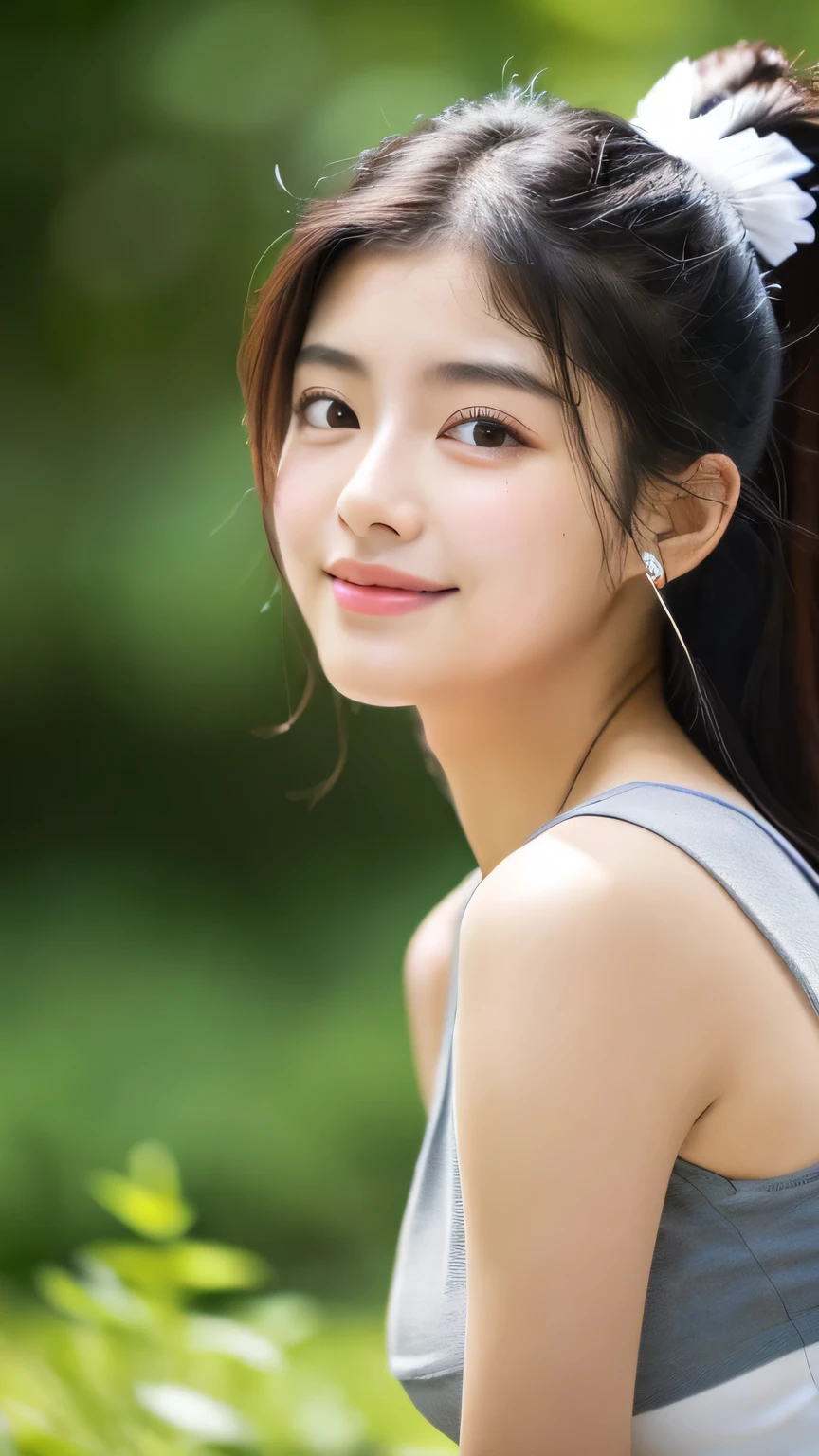 masterpiece　High resolution　Female student　Delicate face　Thick eyebrows　Deep-set eyelids　very cute　natural atmosphere　boyish　18-year-old　Shortcuts　Dimples　Mole　Tanuki face　Tank top　Plump　Put your ear to the ground　Listen to the sounds　